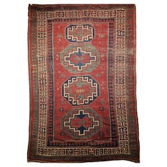 19th Century Caucasian Kazak Area Rug in Red, Green, Blue, Yellow, Ivory