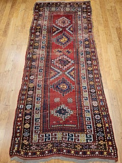 19th Century Caucasian Kazak Rug, Hand-Knotted Geometric Medallions, 4' x 9'