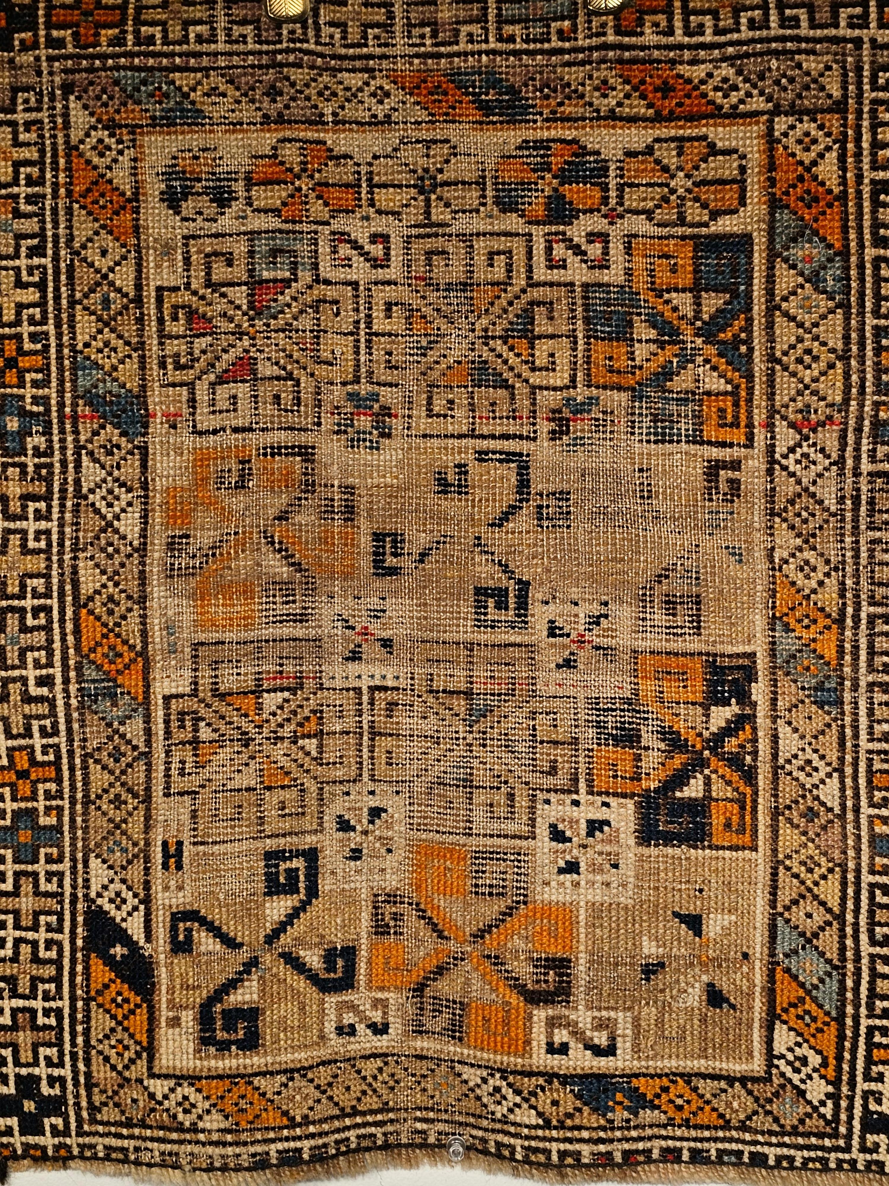 Vegetable Dyed 19th Century Caucasian Kazak Bagface in Squares Pattern in Blue, Brown, Red For Sale