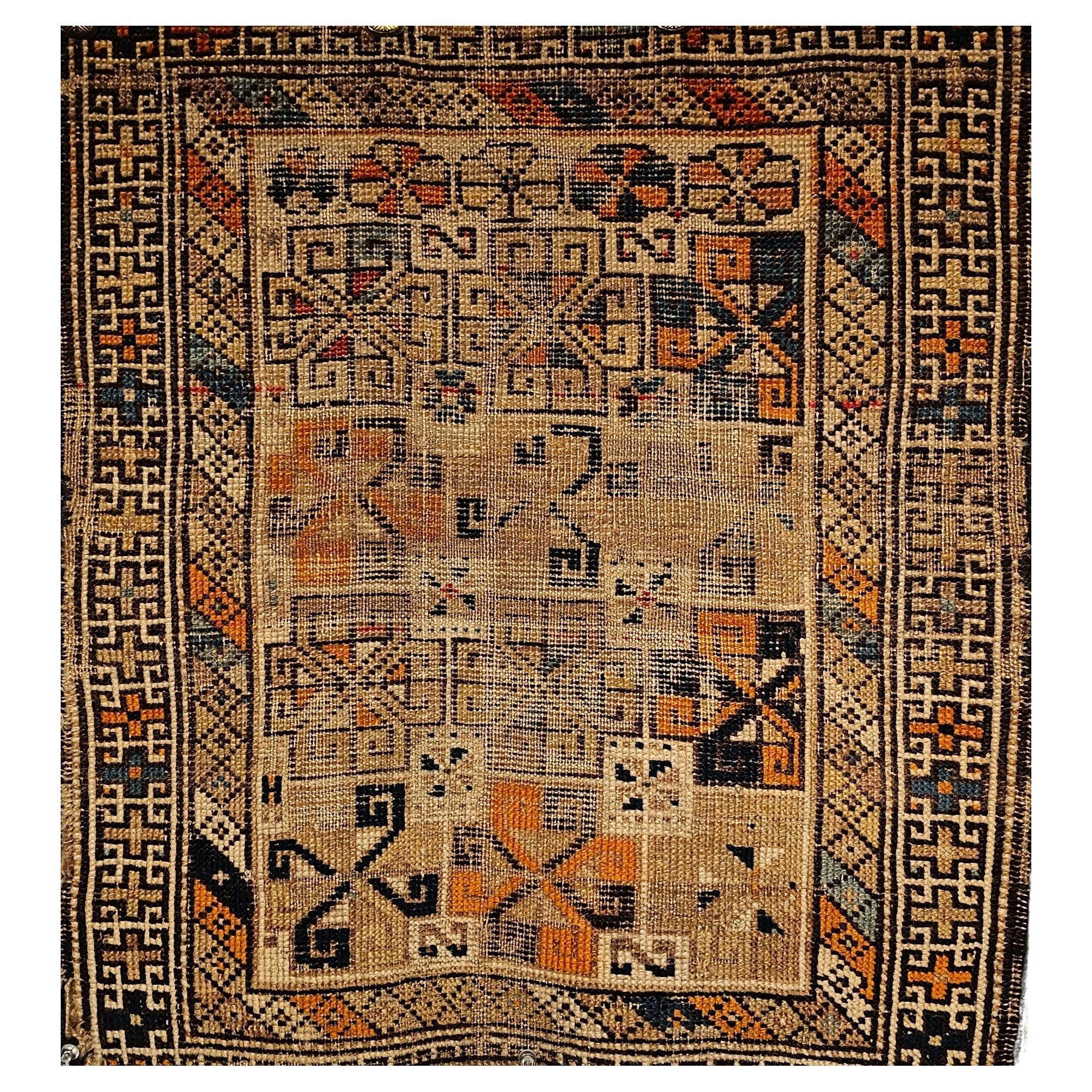 19th Century Caucasian Kazak Bagface in Squares Pattern in Blue, Brown, Red For Sale