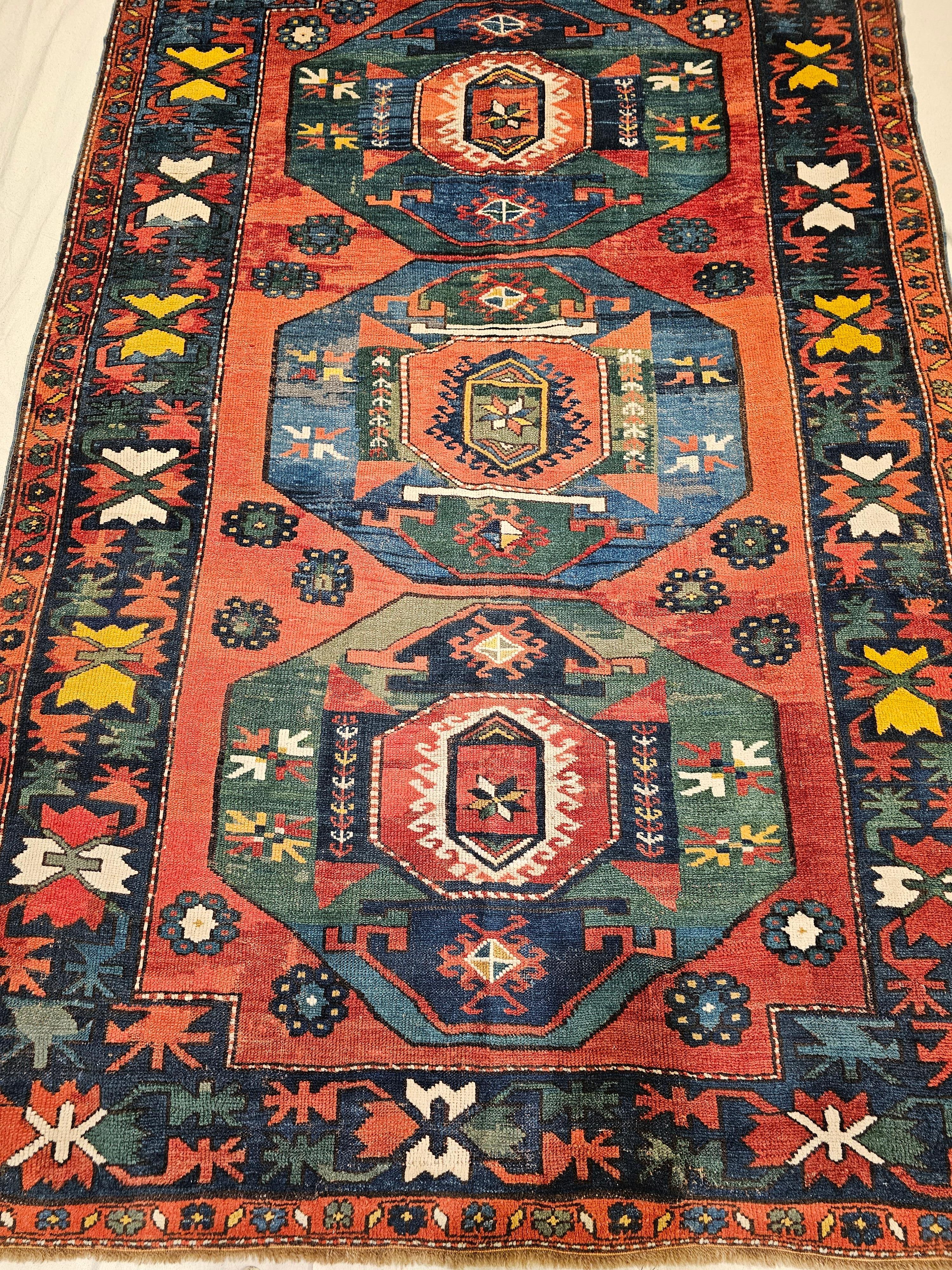 19th Century Caucasian Kazak in Medallion Pattern in Blue, Green, Yellow, Red For Sale 7