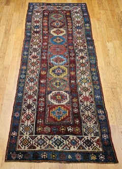 19th Century Caucasian Kazak Wide Runner in Ivory, Blue, Green, Red, Yellow