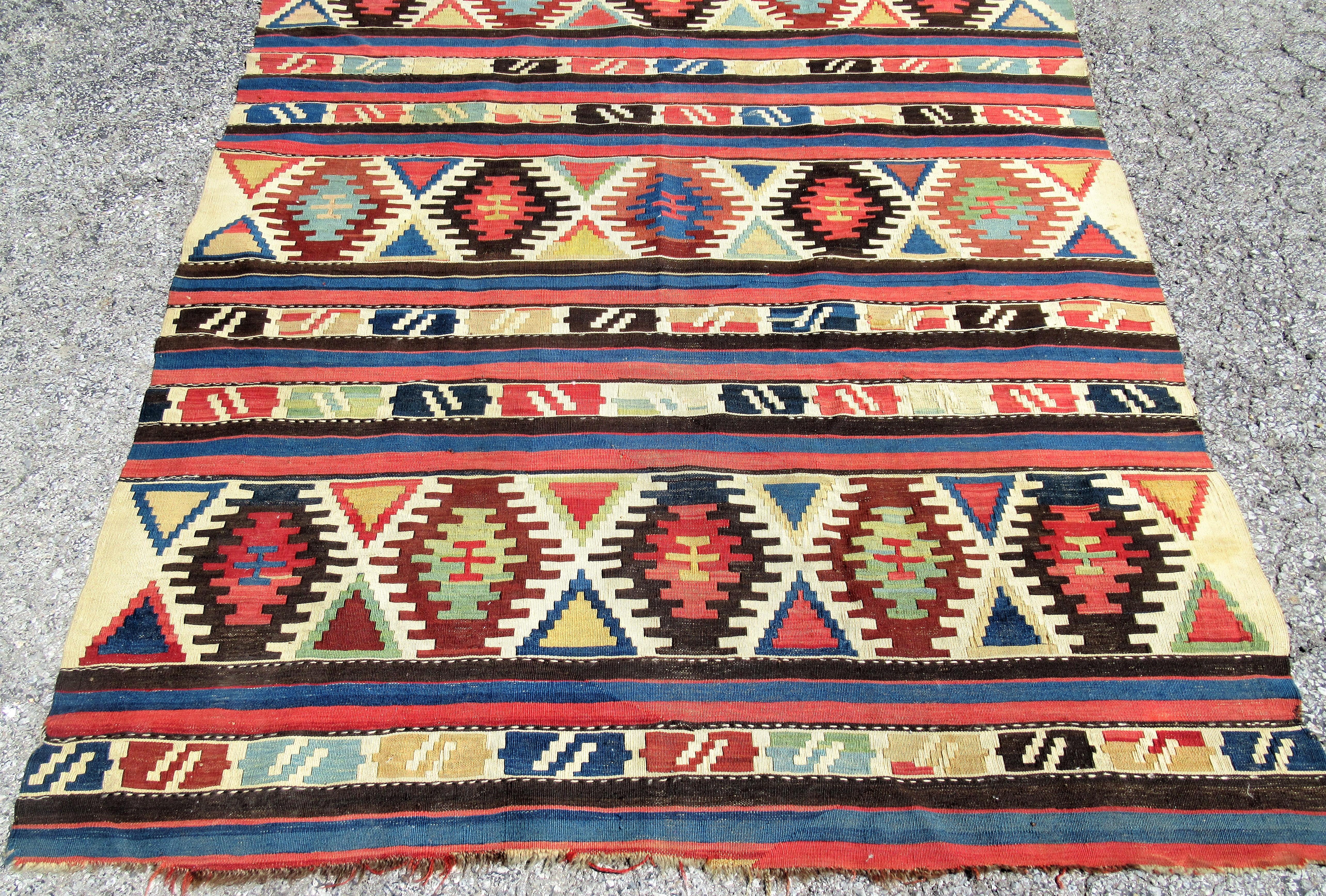 A fine 19th century Caucasian Kilim handwoven wool oriental rug runner in great antique condition with exceptionally beautiful all natural vegetable color dye. Look at all pictures and read condition report in comment section.