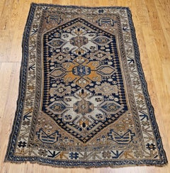 Antique Caucasian Shirvan Area Rug, Wool, Navy & Ivory, 1880s