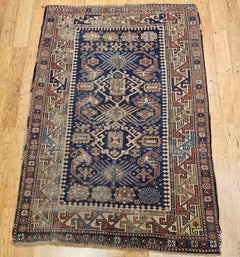 19th Century Caucasian Shirvan Area Rug in All Over Pattern in Navy, Ivory. Rust
