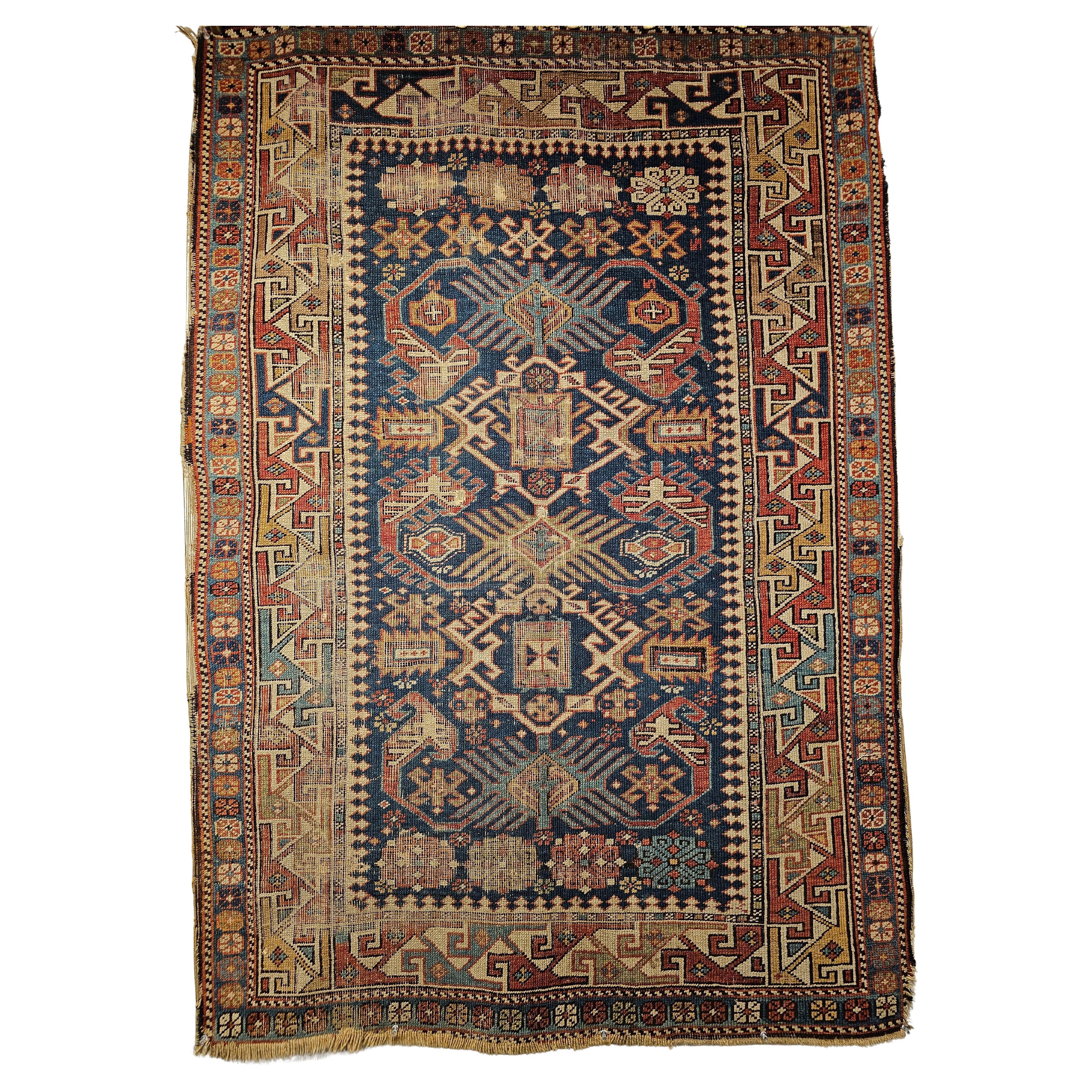 19th Century Caucasian Shirvan Area Rug in All Over Pattern in Navy, Ivory. Rust