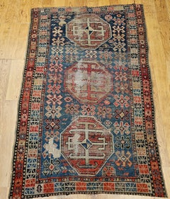 19th Century Caucasian Shirvan Area Rug in Geometric Pattern in Blue, Red, Ivory