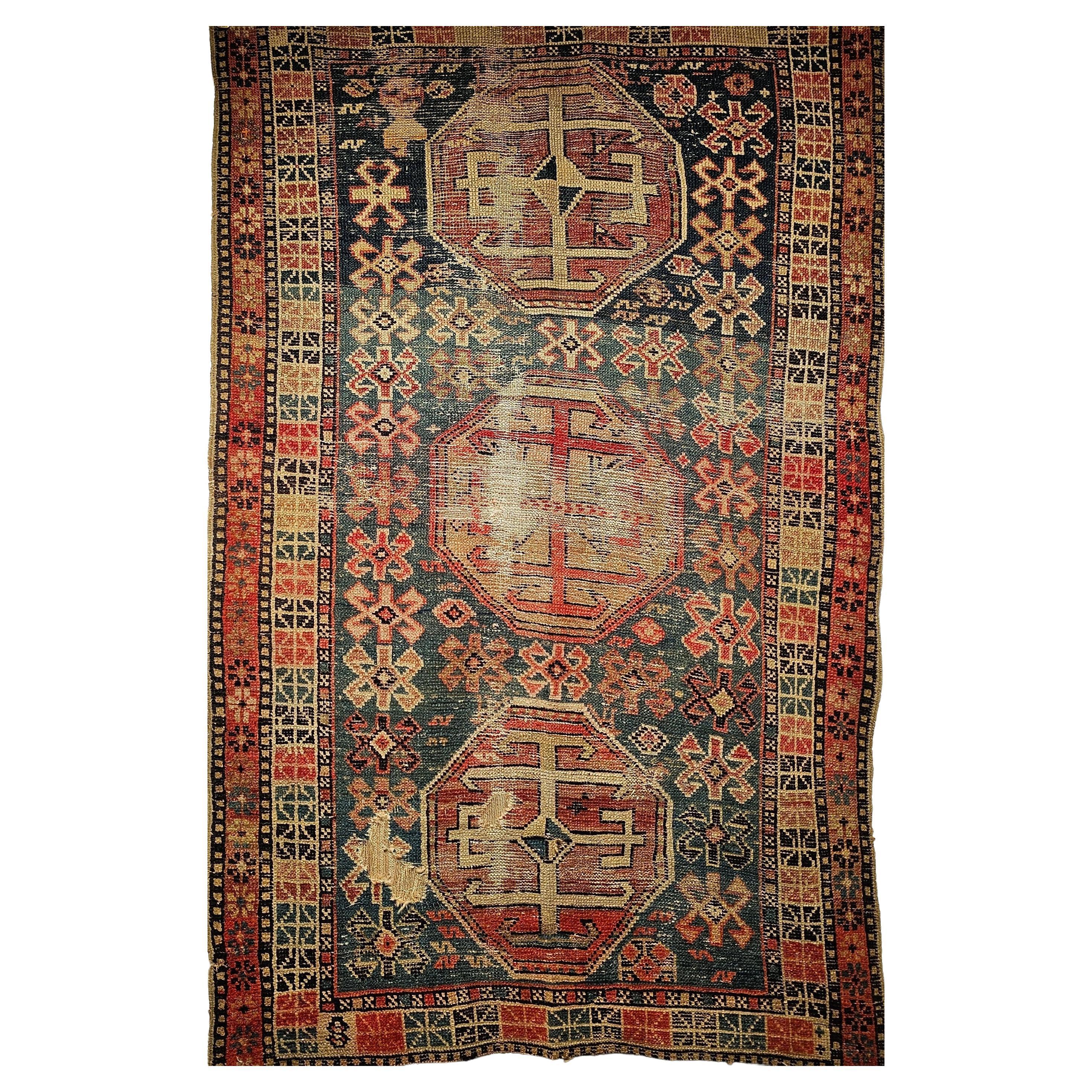 19th Century Caucasian Shirvan Area Rug in Geometric Pattern in Blue, Red, Ivory
