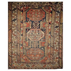 Antique Caucasian Shirvan Area Rug, Wool Pile, Geometric Medallion, 1880s