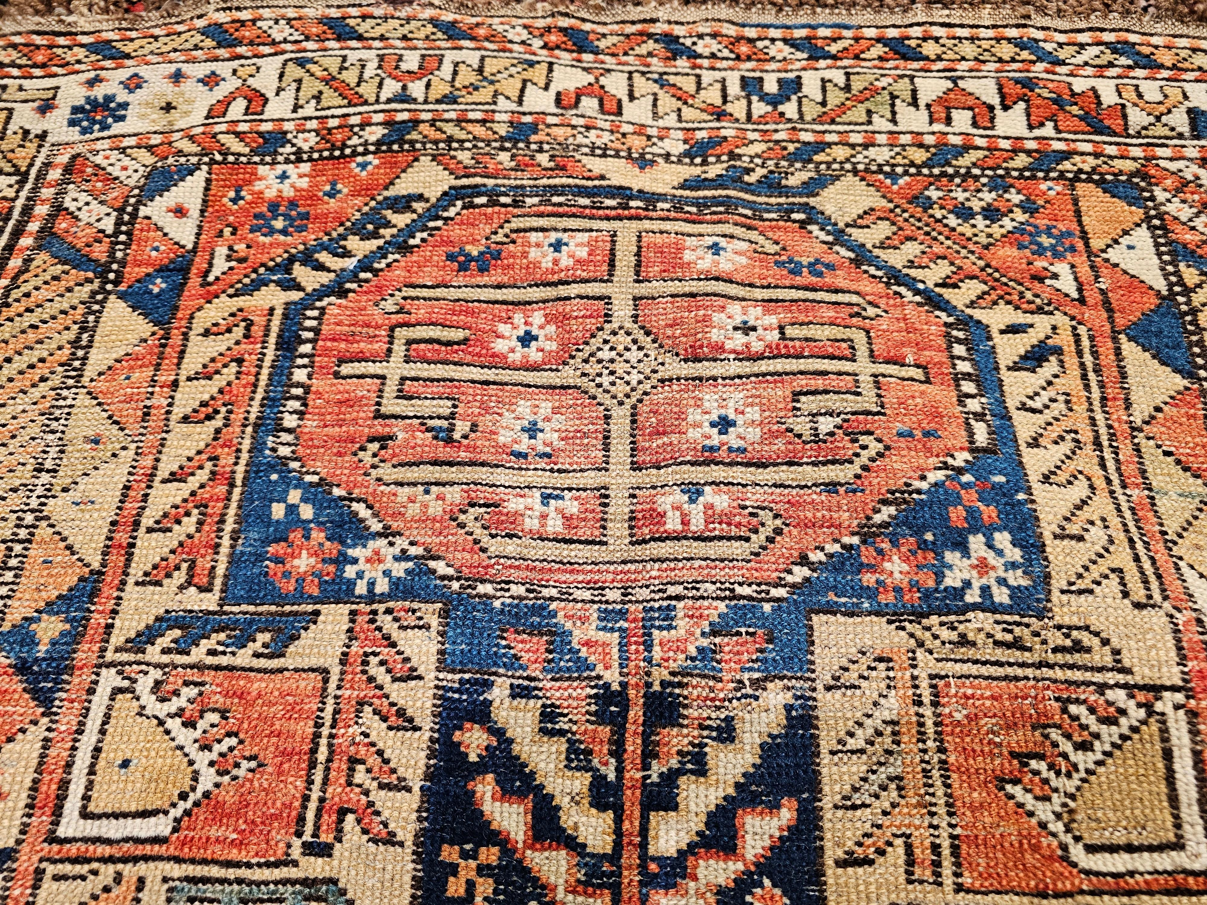 19th Century Caucasian Shirvan Area Rug in Medallion Pattern in Navy Blue, Ivory In Good Condition For Sale In Barrington, IL