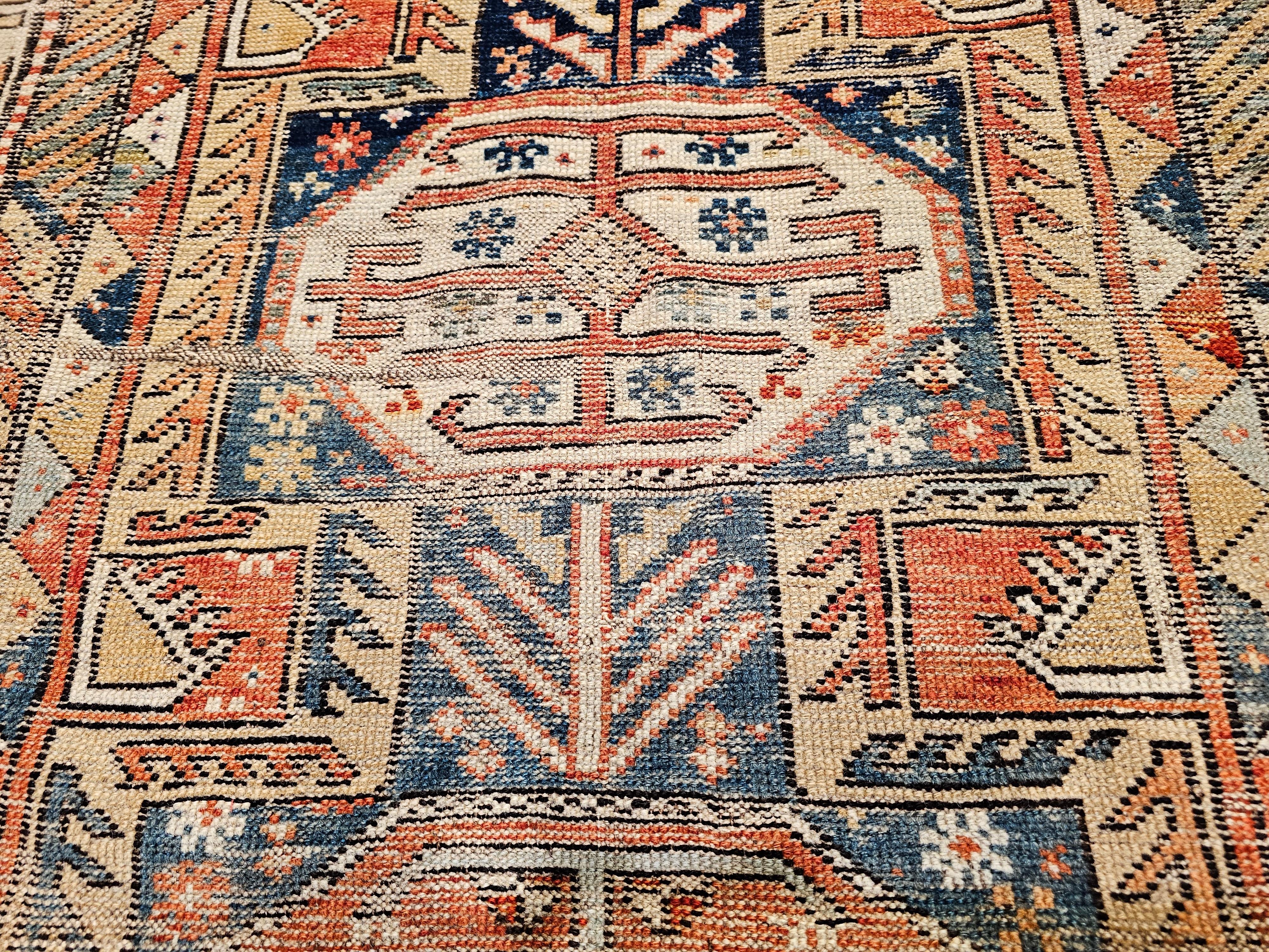 Vegetable Dyed 19th Century Caucasian Shirvan Area Rug in Medallion Pattern in Navy Blue, Ivory For Sale