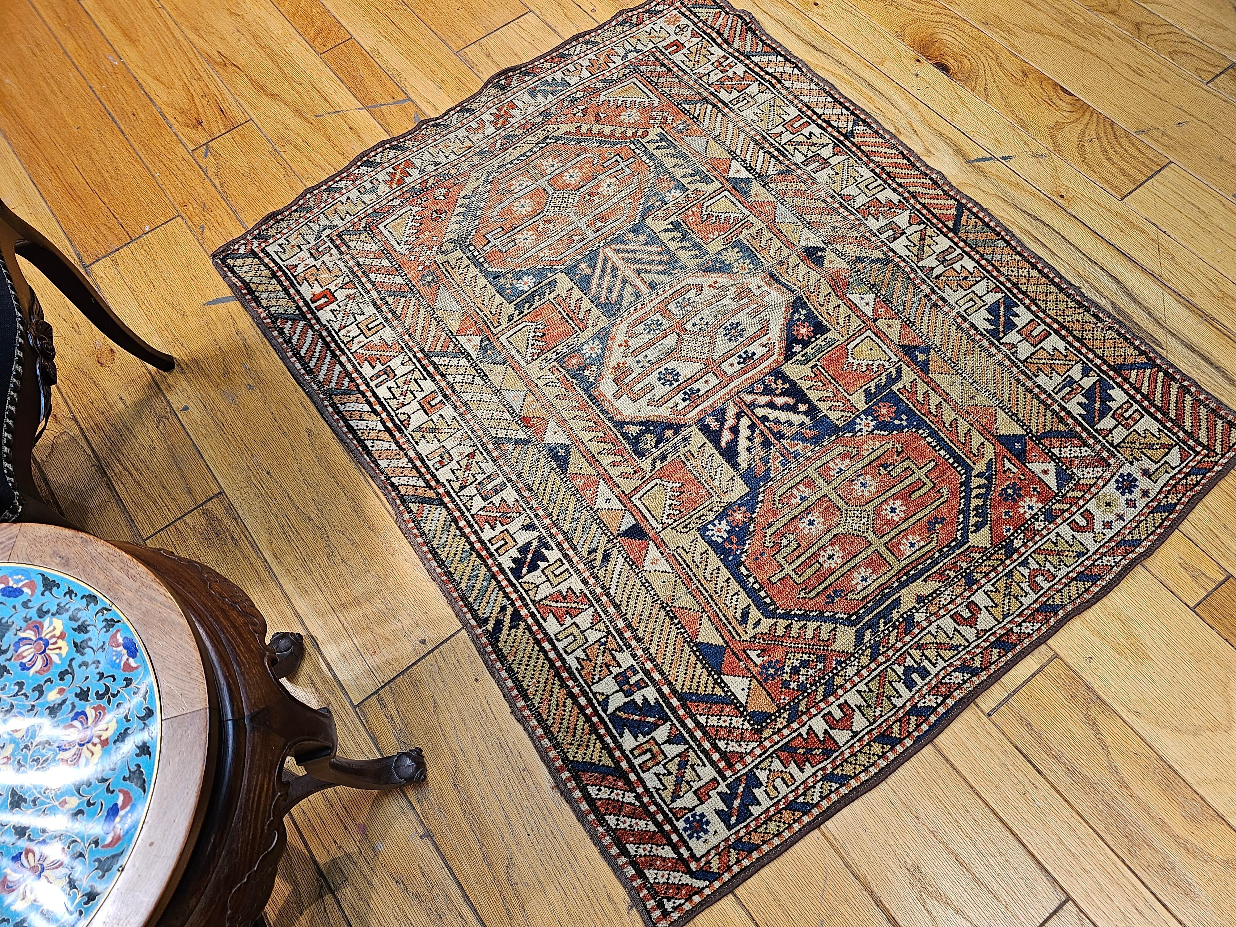 19th Century Caucasian Shirvan Area Rug in Medallion Pattern in Navy Blue, Ivory For Sale 5
