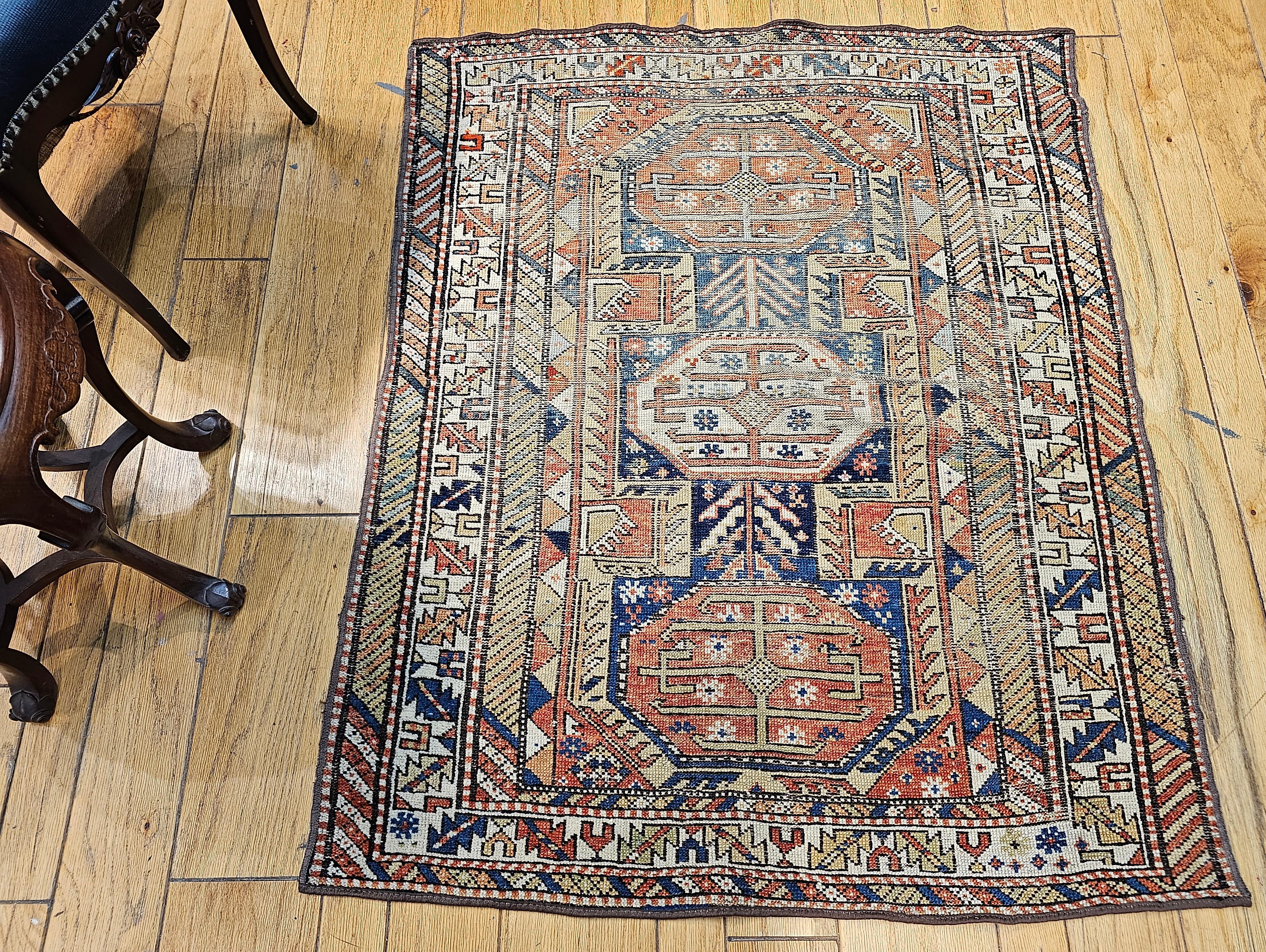 19th Century Caucasian Shirvan Area Rug in Medallion Pattern in Navy Blue, Ivory For Sale 6