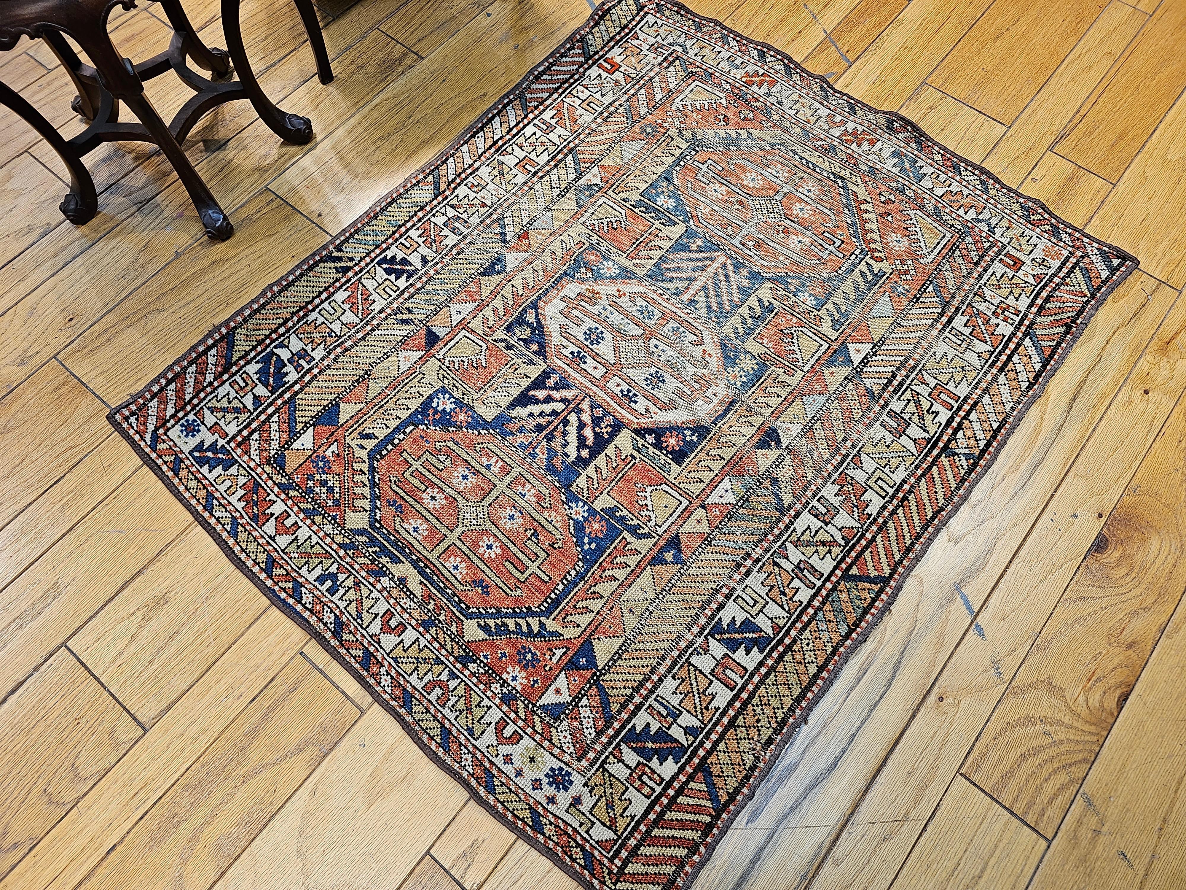 19th Century Caucasian Shirvan Area Rug in Medallion Pattern in Navy Blue, Ivory For Sale 7