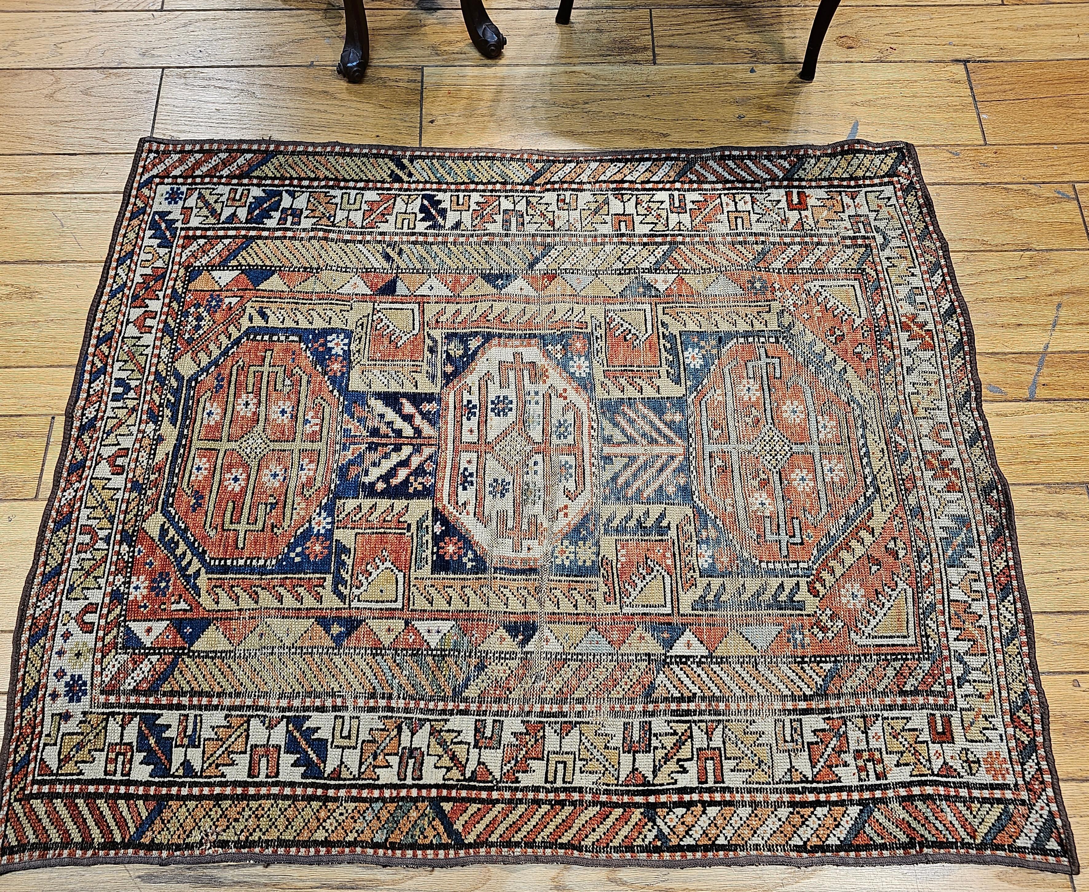 19th Century Caucasian Shirvan Area Rug in Medallion Pattern in Navy Blue, Ivory For Sale 8