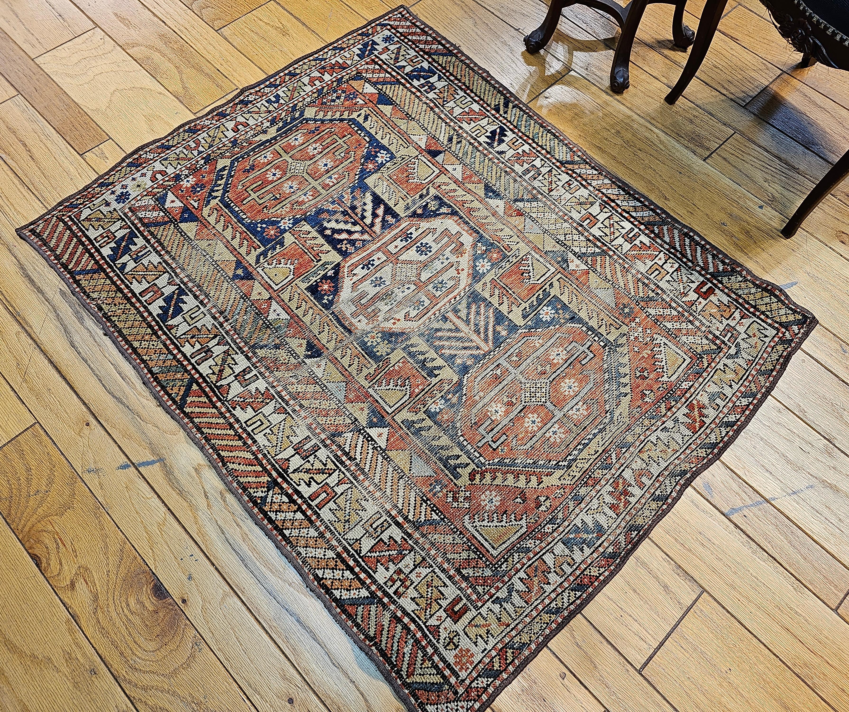 19th Century Caucasian Shirvan Area Rug in Medallion Pattern in Navy Blue, Ivory For Sale 2