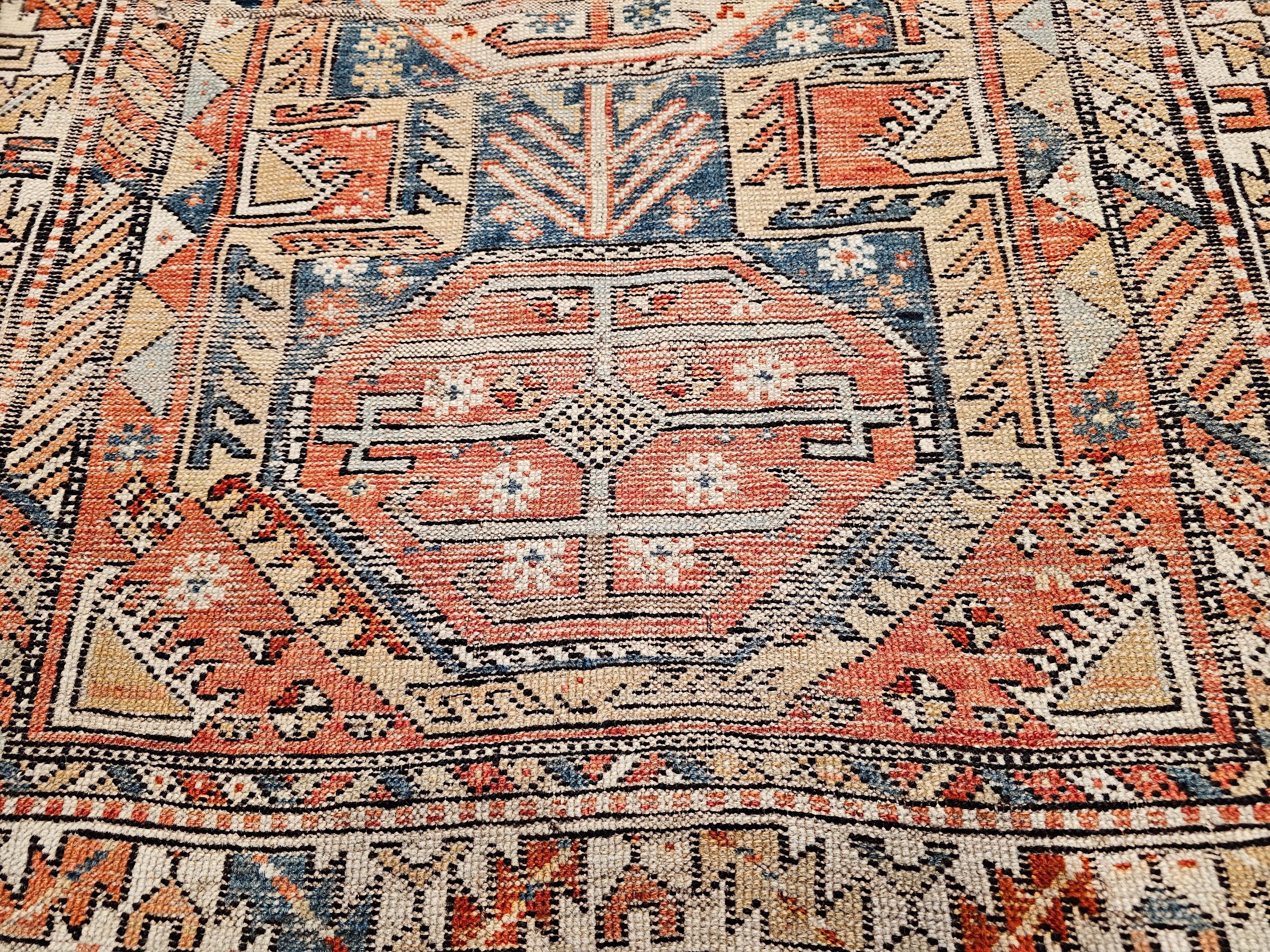 Wool 19th Century Caucasian Shirvan Area Rug in Medallion Pattern in Navy Blue, Ivory For Sale