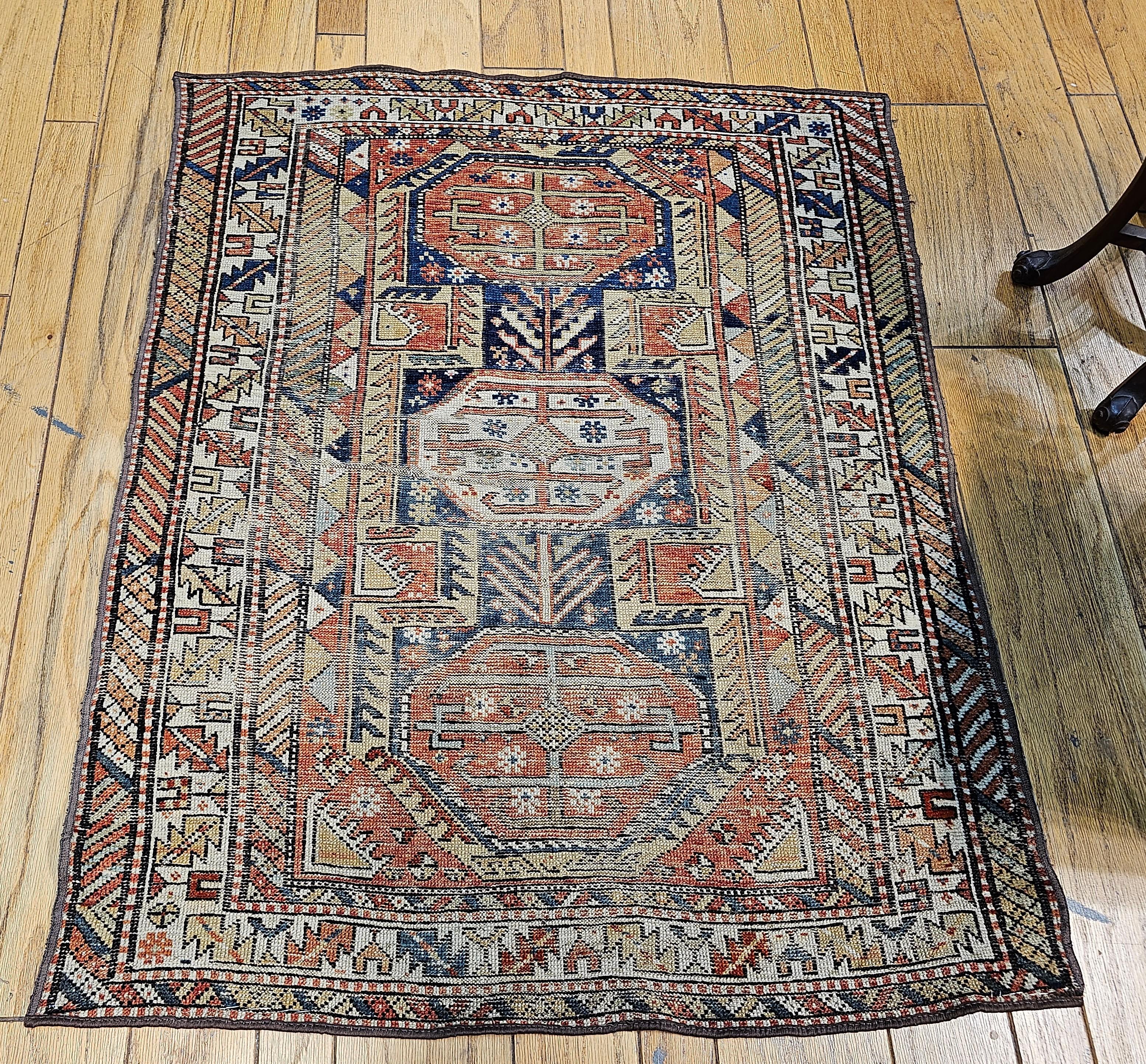 19th Century Caucasian Shirvan Area Rug in Medallion Pattern in Navy Blue, Ivory For Sale 3