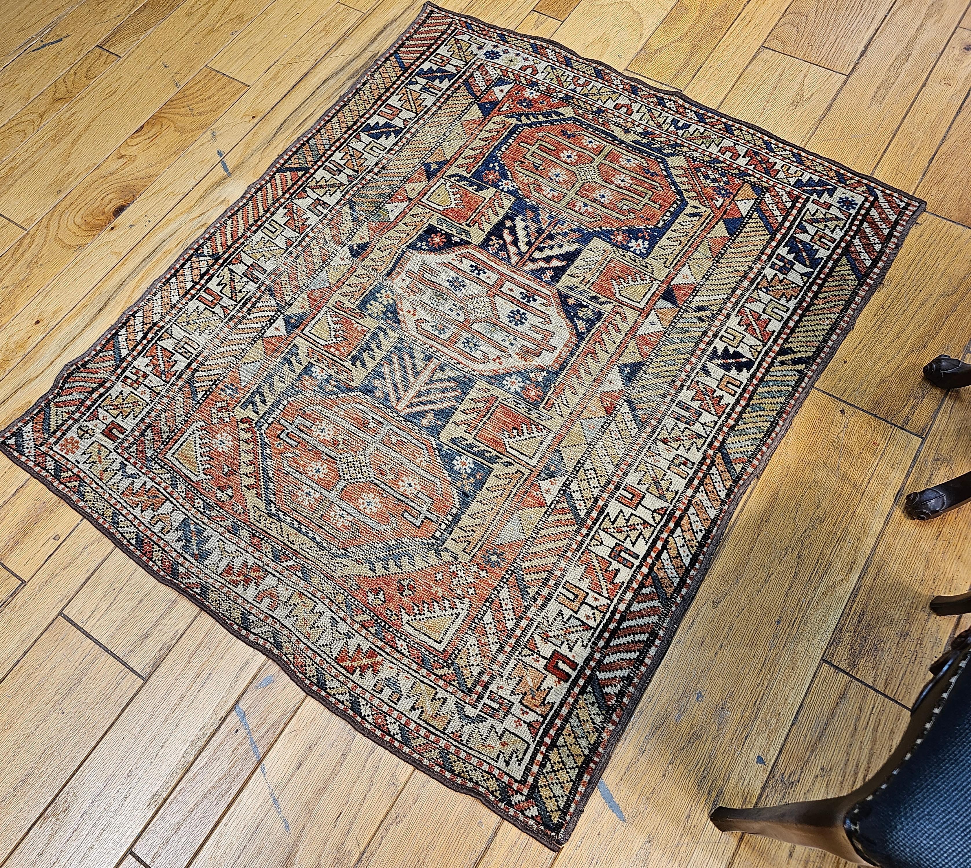 19th Century Caucasian Shirvan Area Rug in Medallion Pattern in Navy Blue, Ivory For Sale 4