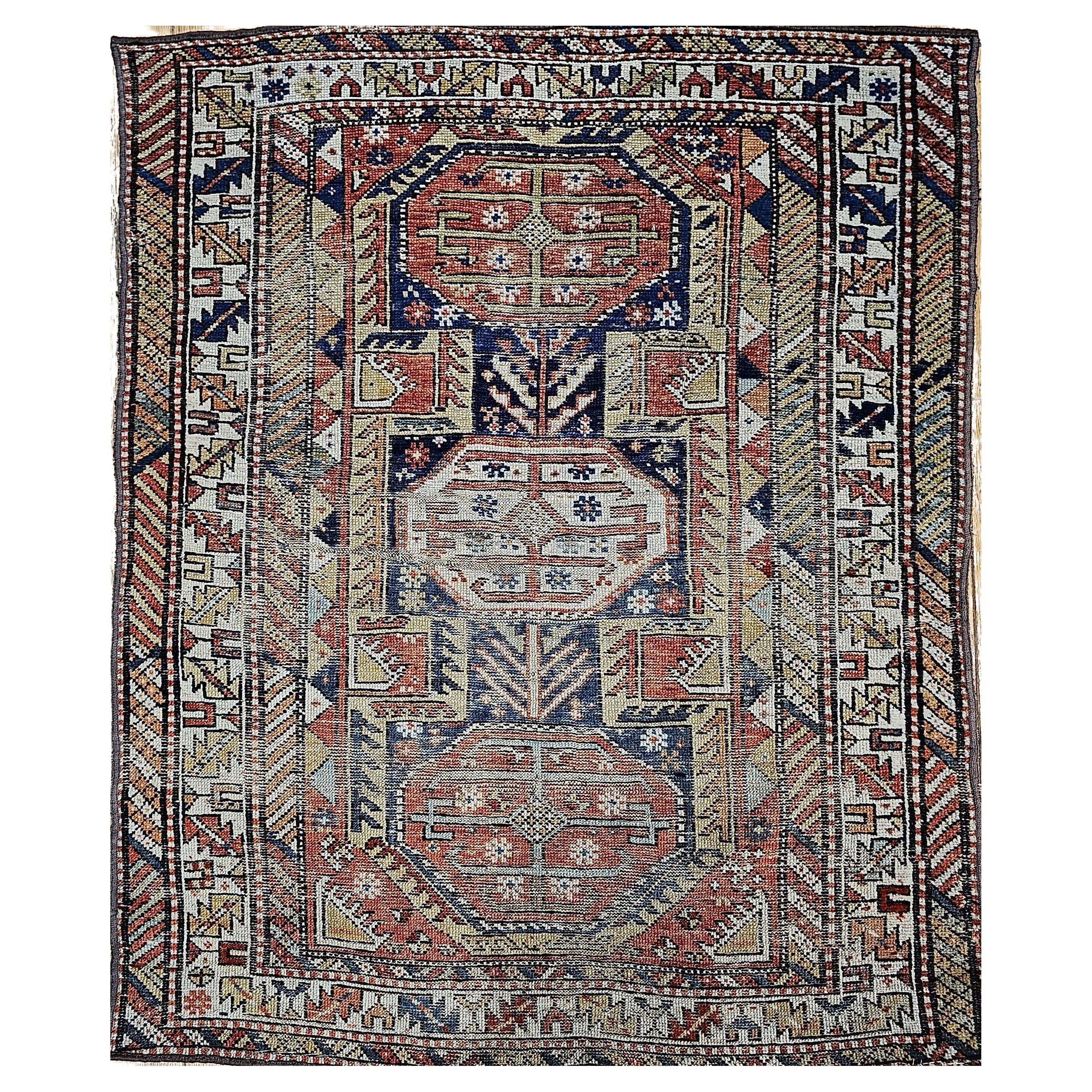 19th Century Caucasian Shirvan Area Rug in Medallion Pattern in Navy Blue, Ivory