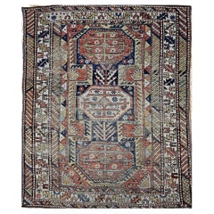 19th Century Caucasian Shirvan Area Rug in Medallion Pattern in Navy Blue, Ivory