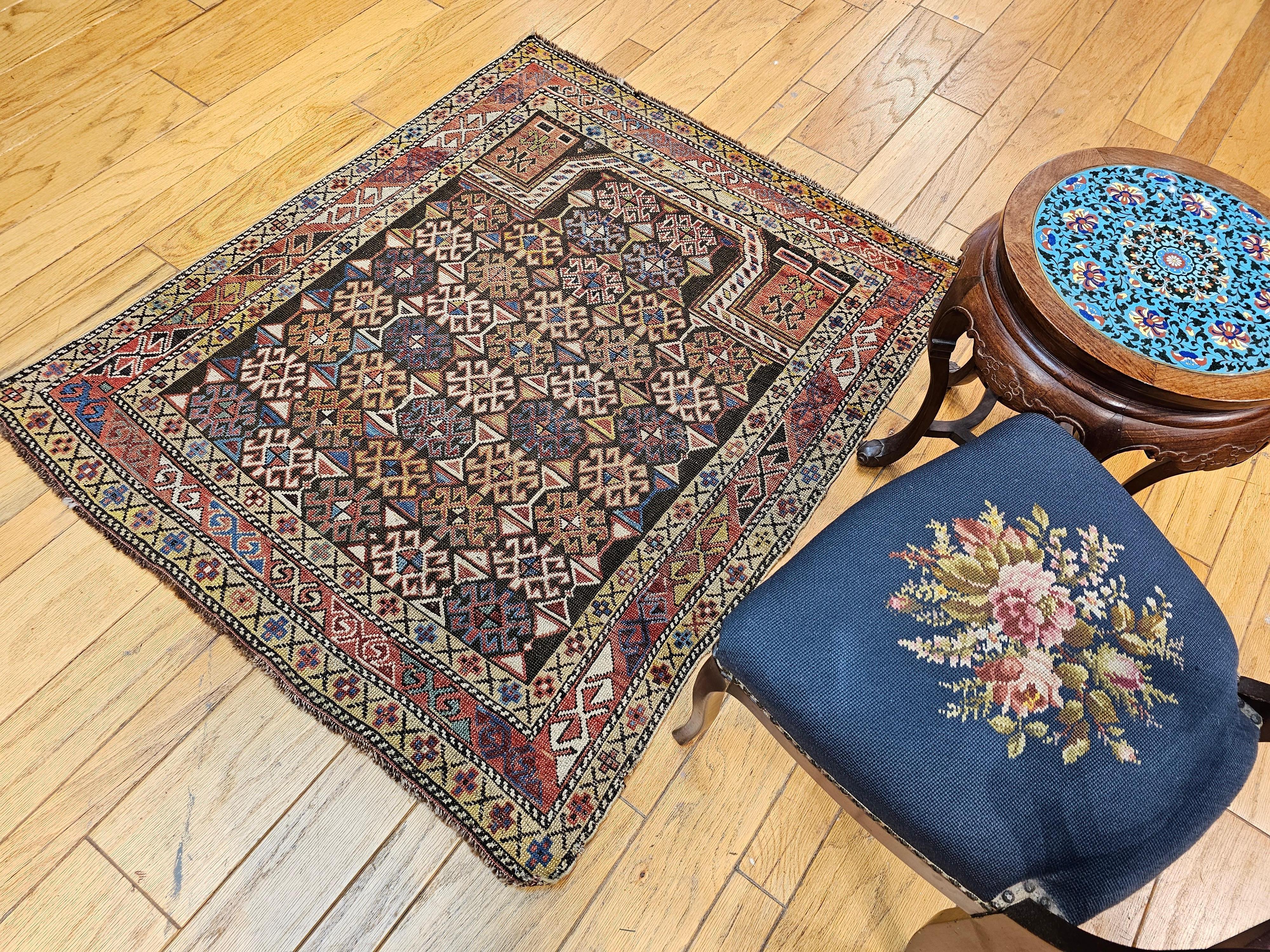 19th Century Caucasian Shirvan Area Rug in Prayer Pattern in Brown, Rust,  Ivory For Sale 6