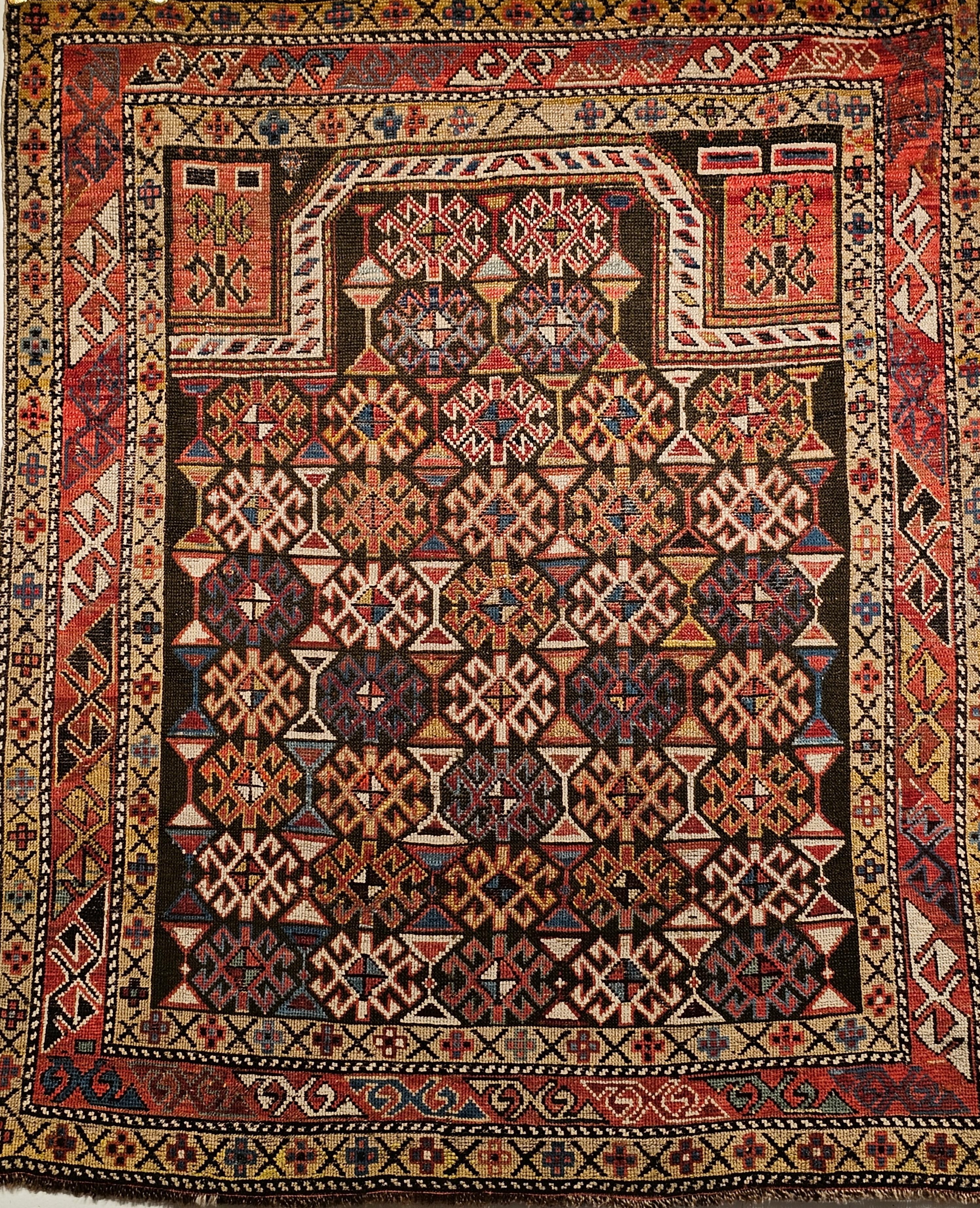 Azerbaijani 19th Century Caucasian Shirvan Area Rug in Prayer Pattern in Brown, Rust,  Ivory For Sale