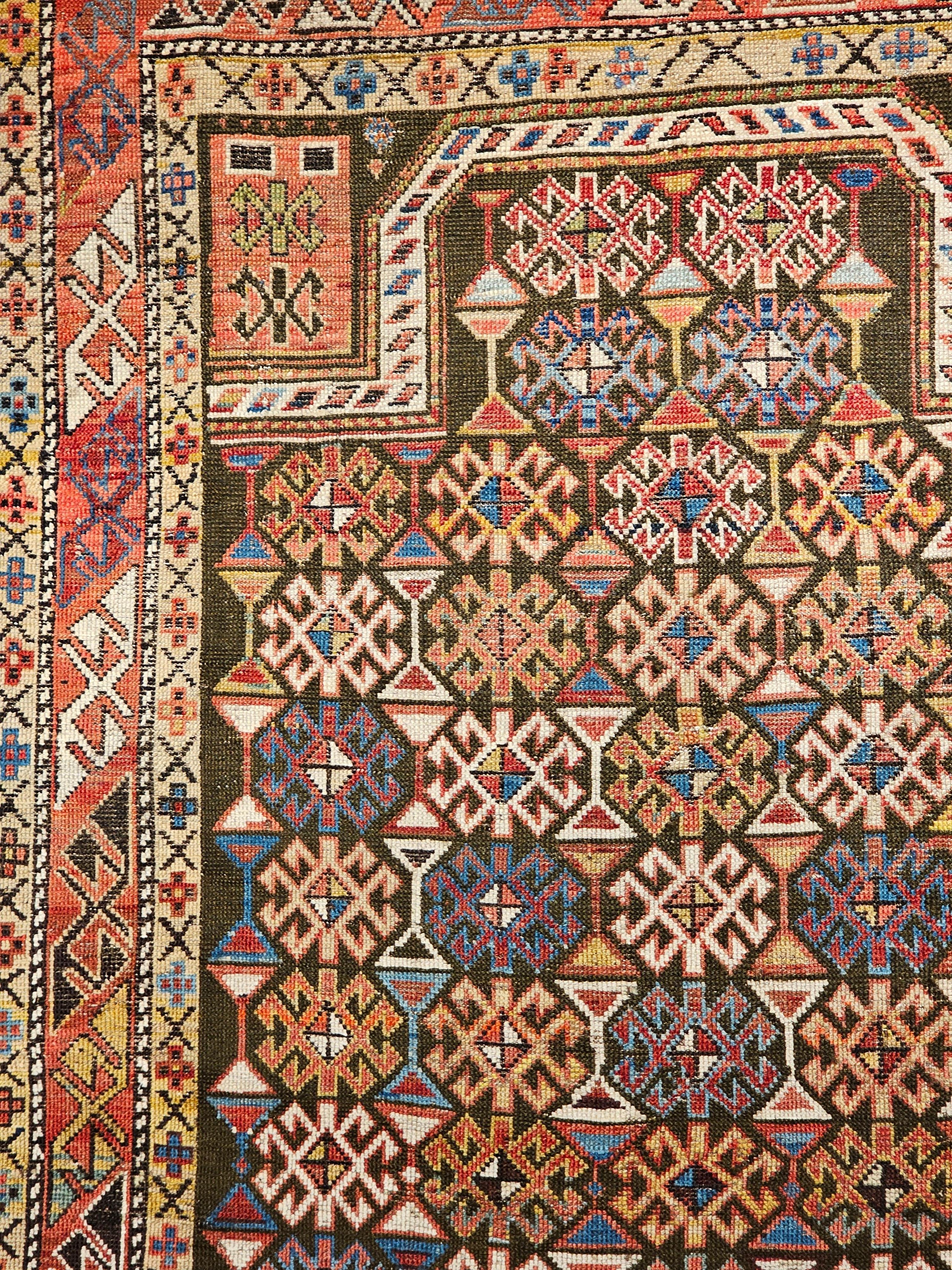19th Century Caucasian Shirvan Area Rug in Prayer Pattern in Brown, Rust,  Ivory In Good Condition For Sale In Barrington, IL