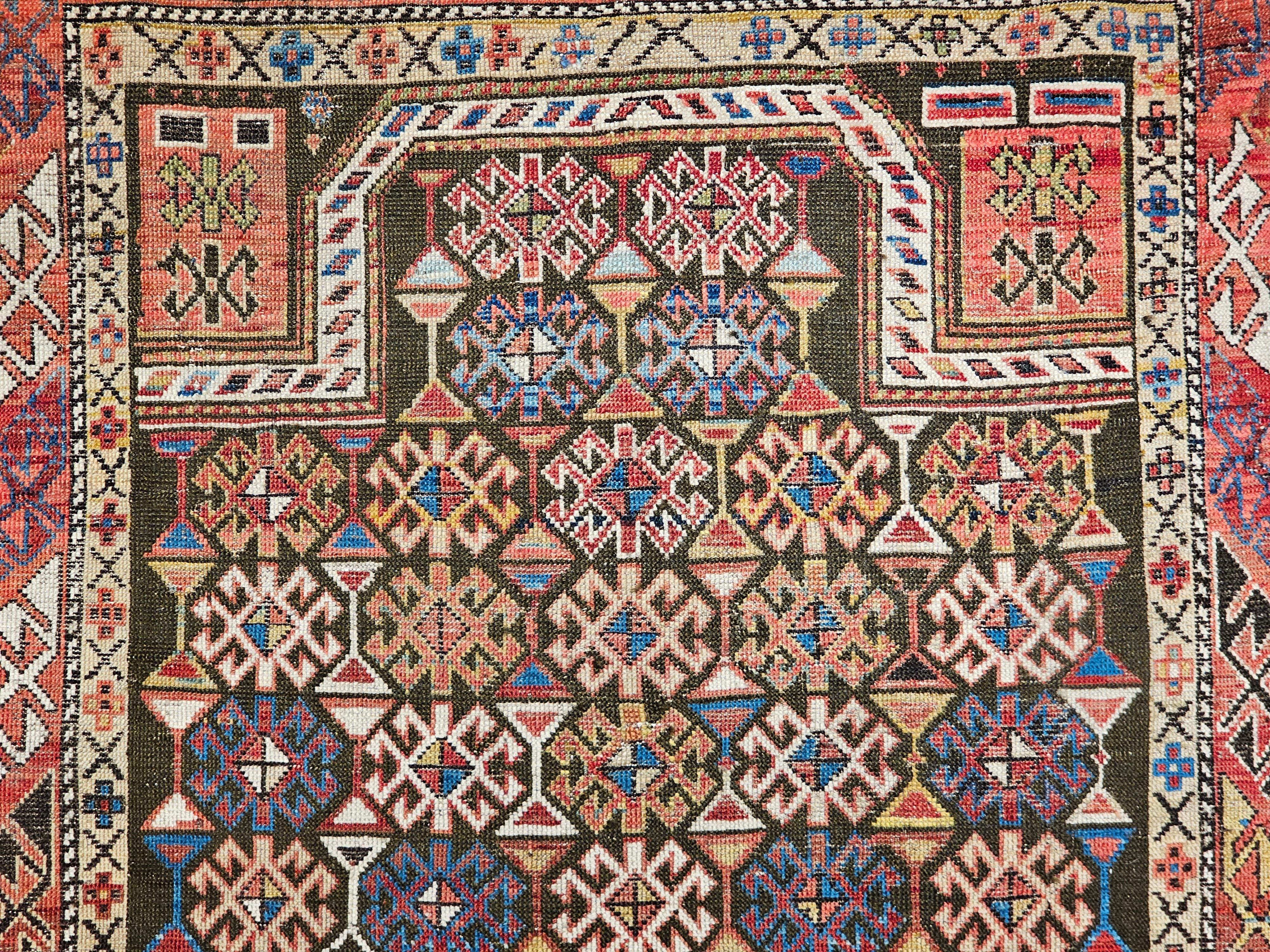 19th Century Caucasian Shirvan Area Rug in Prayer Pattern in Brown, Rust,  Ivory For Sale 1