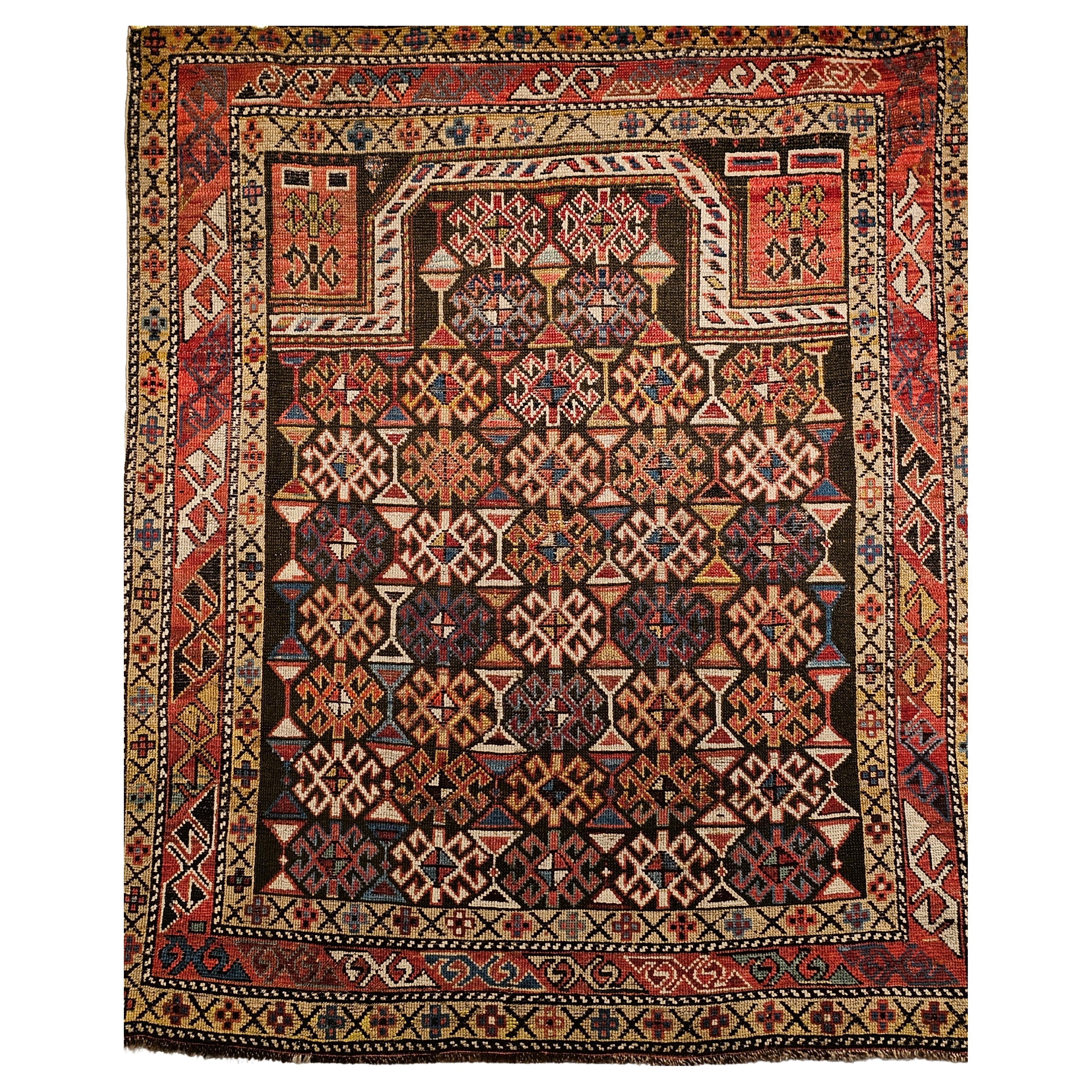 19th Century Caucasian Shirvan Area Rug in Prayer Pattern in Brown, Rust,  Ivory For Sale