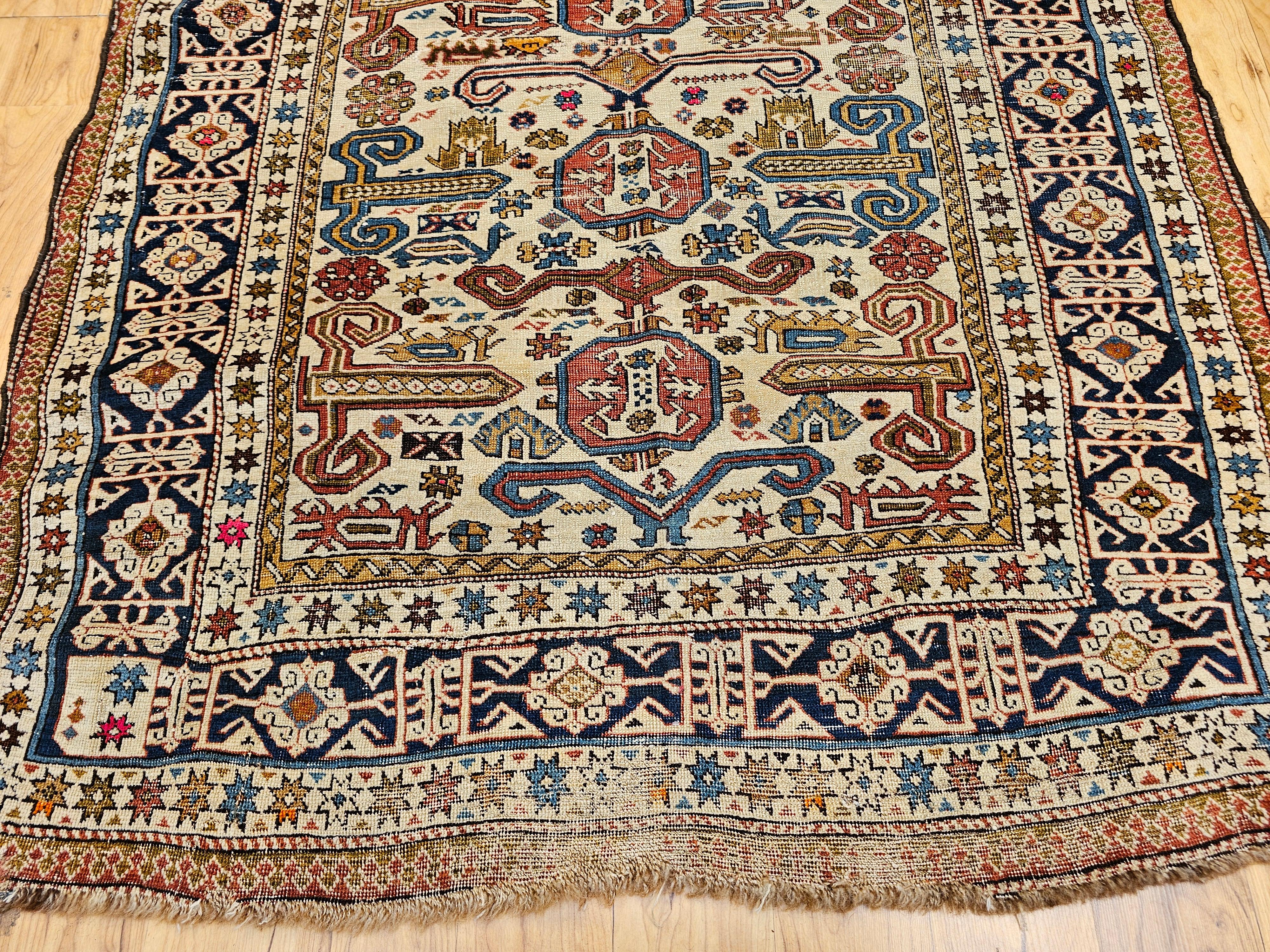 19th Century Caucasian Shirvan Perpedil Area Rug in Ivory, Navy, Brown For Sale 5