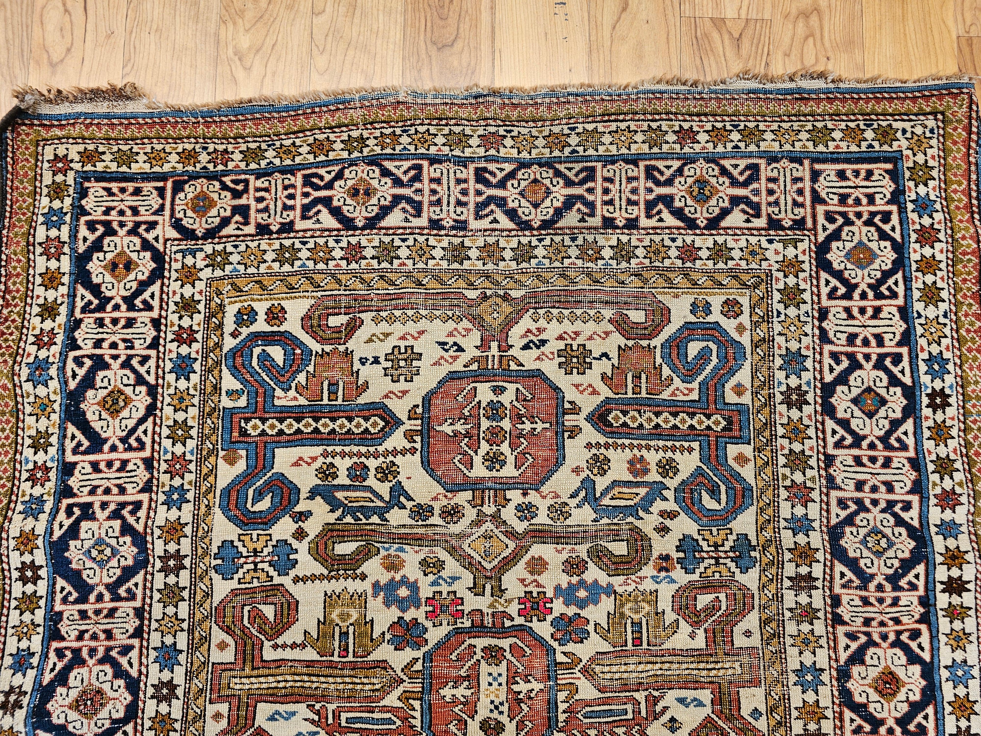 19th Century Caucasian Shirvan Perpedil Area Rug in Ivory, Navy, Brown For Sale 6