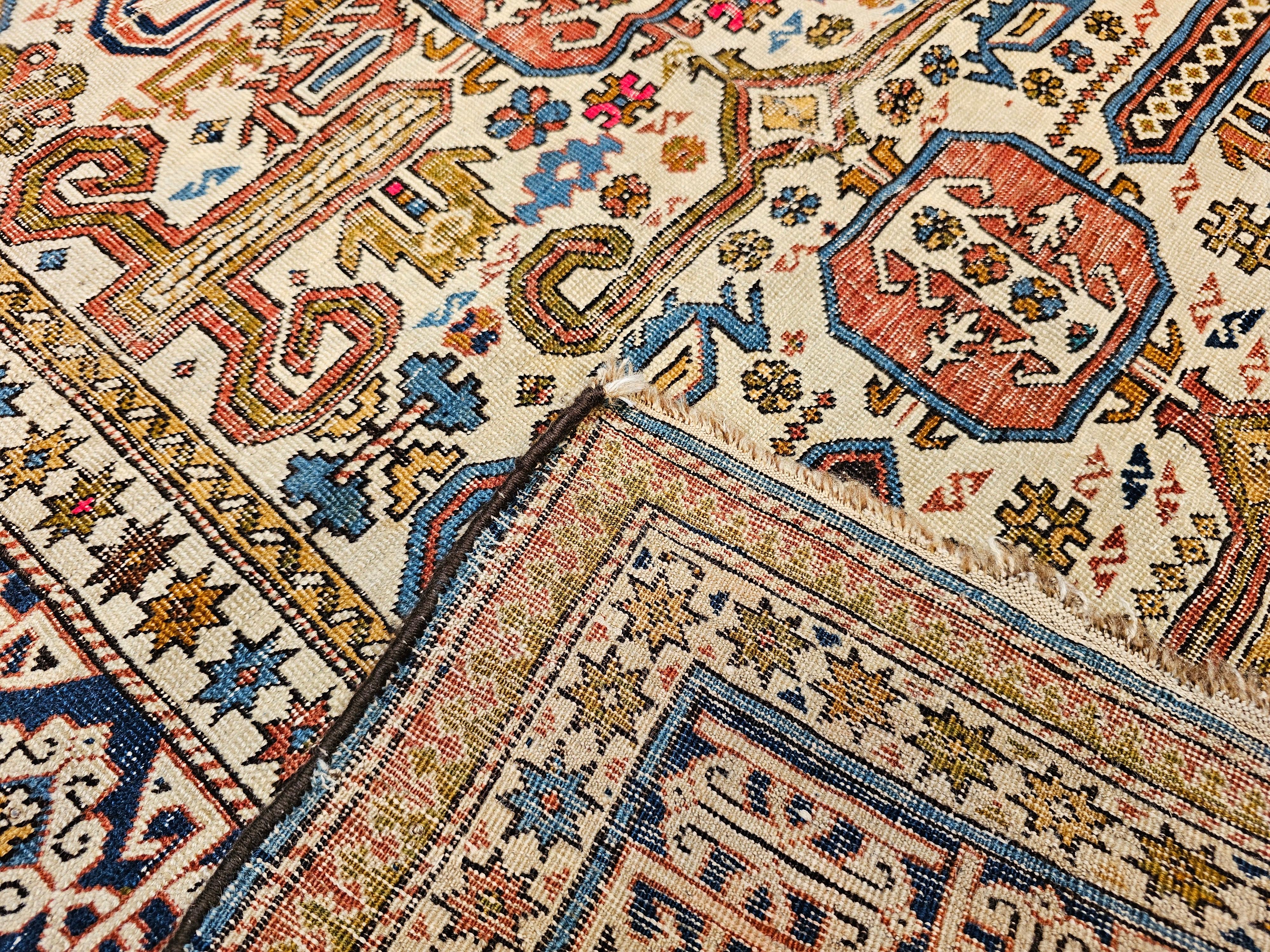 19th Century Caucasian Shirvan Perpedil Area Rug in Ivory, Navy, Brown For Sale 7