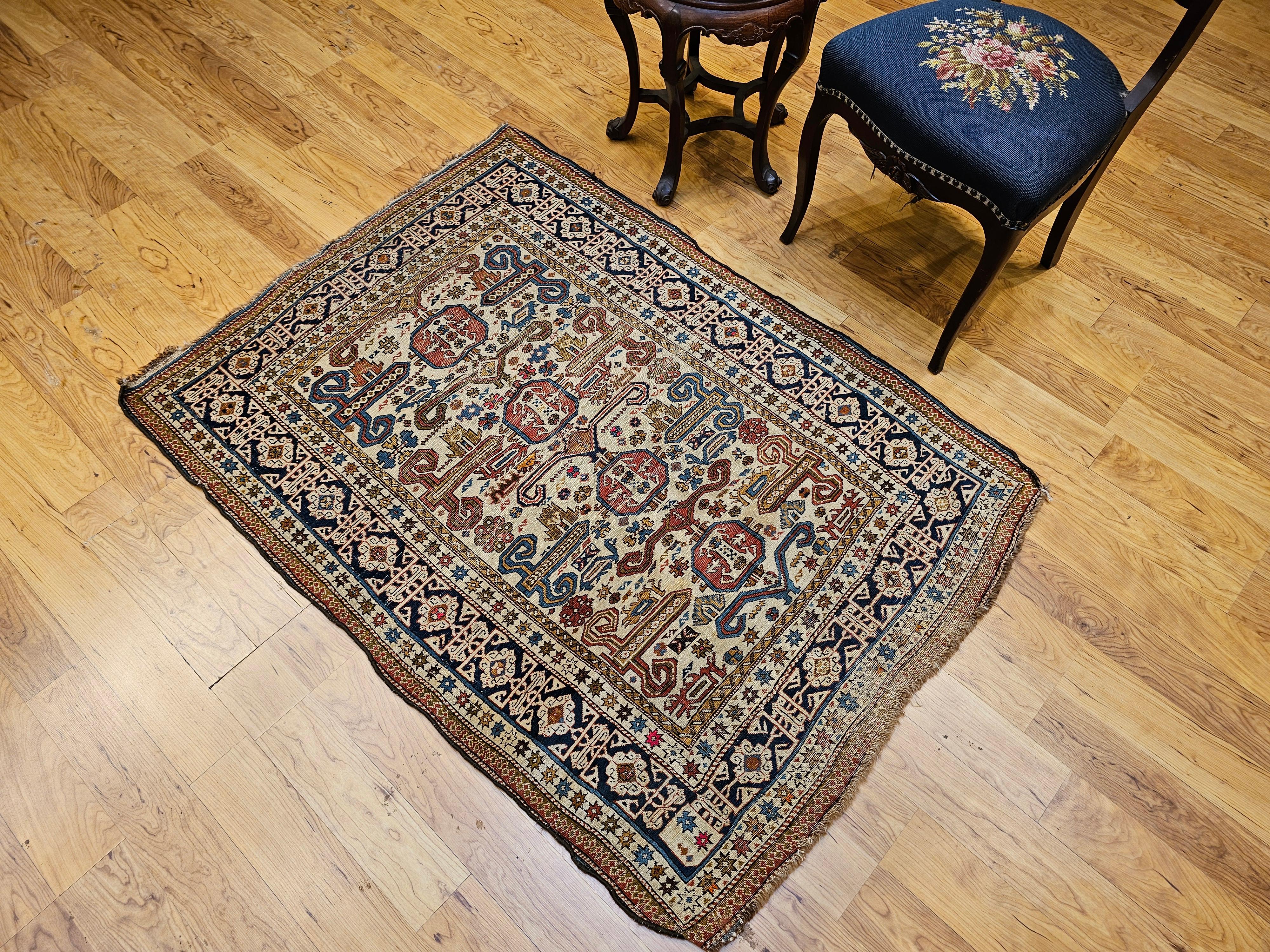 19th Century Caucasian Shirvan Perpedil Area Rug in Ivory, Navy, Brown For Sale 8