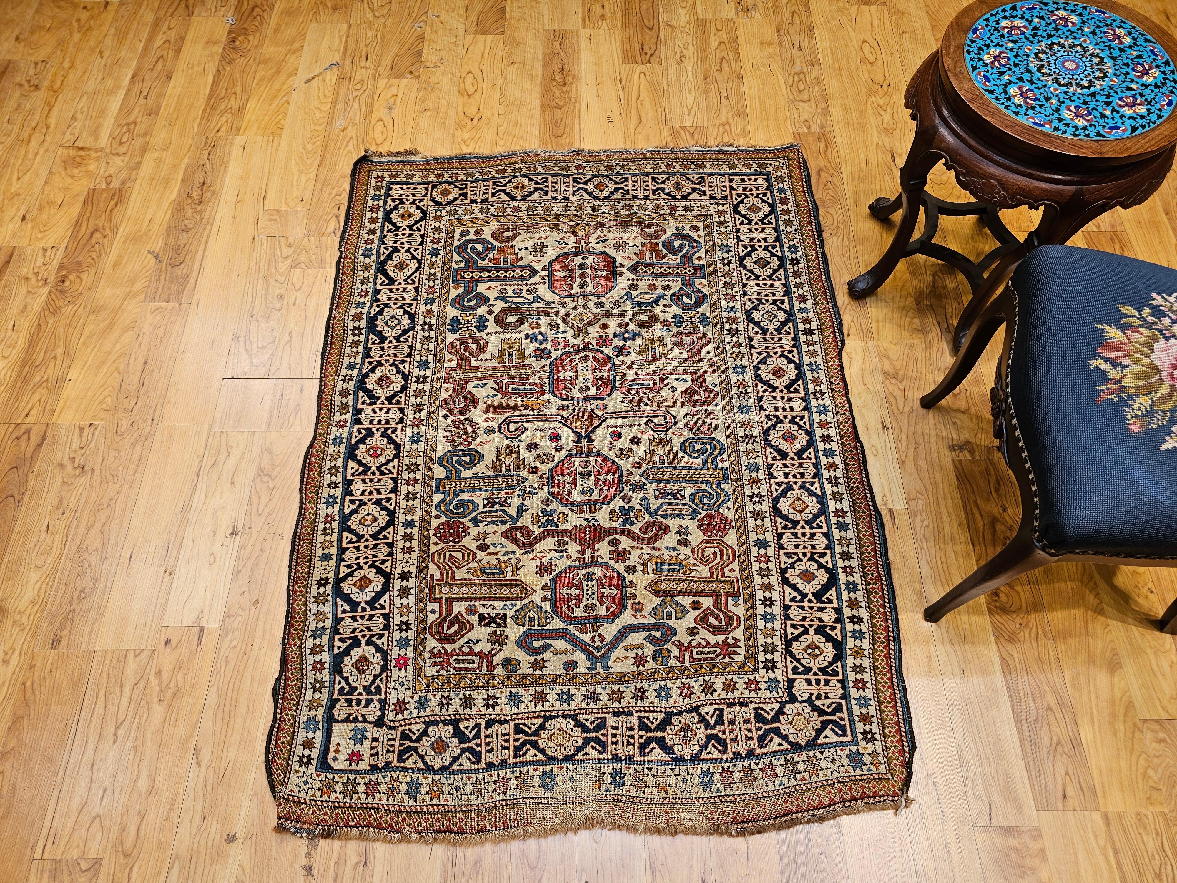 19th Century Caucasian Shirvan Perpedil Area Rug in Ivory, Navy, Brown For Sale 9
