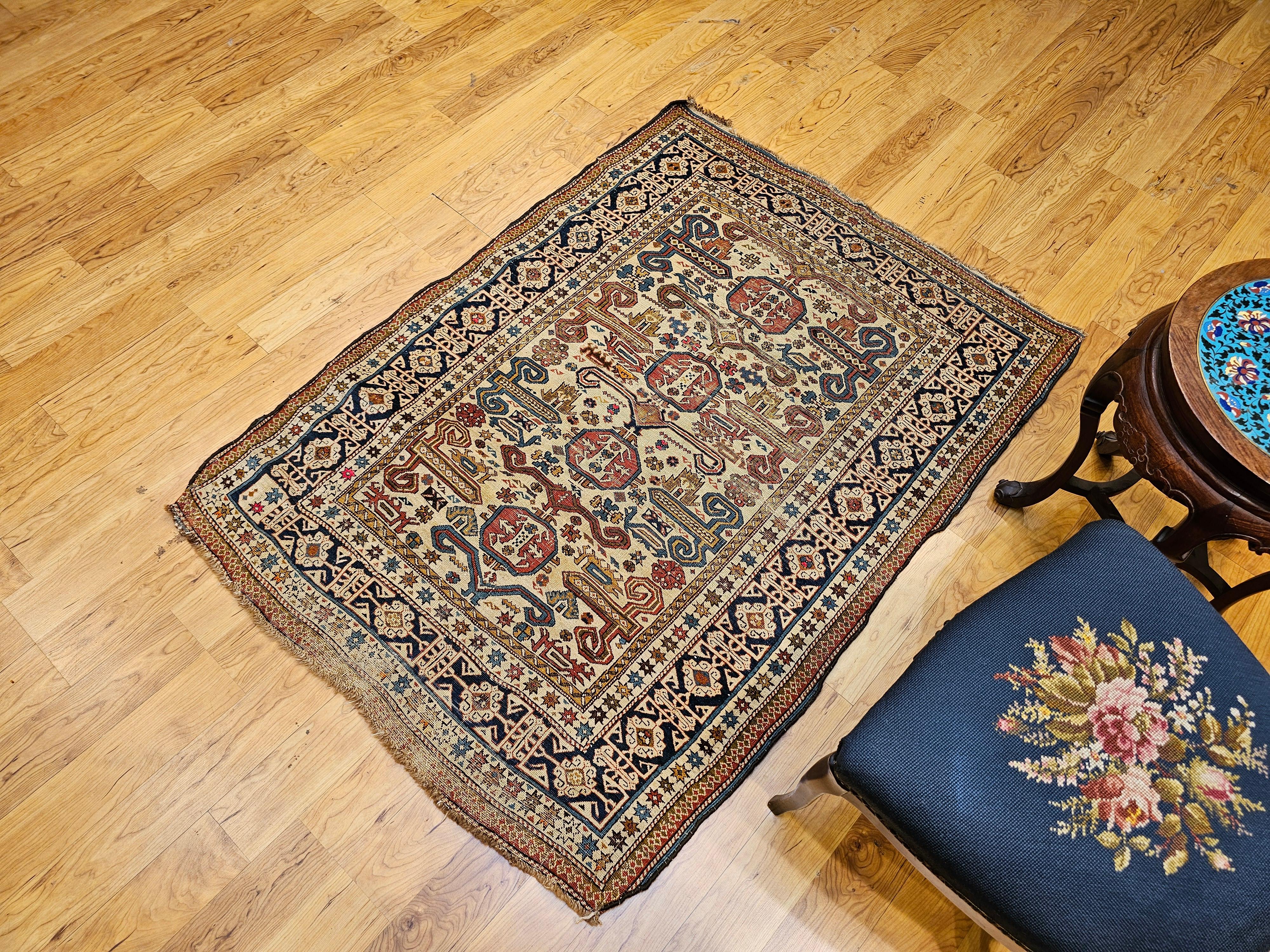 19th Century Caucasian Shirvan Perpedil Area Rug in Ivory, Navy, Brown For Sale 10
