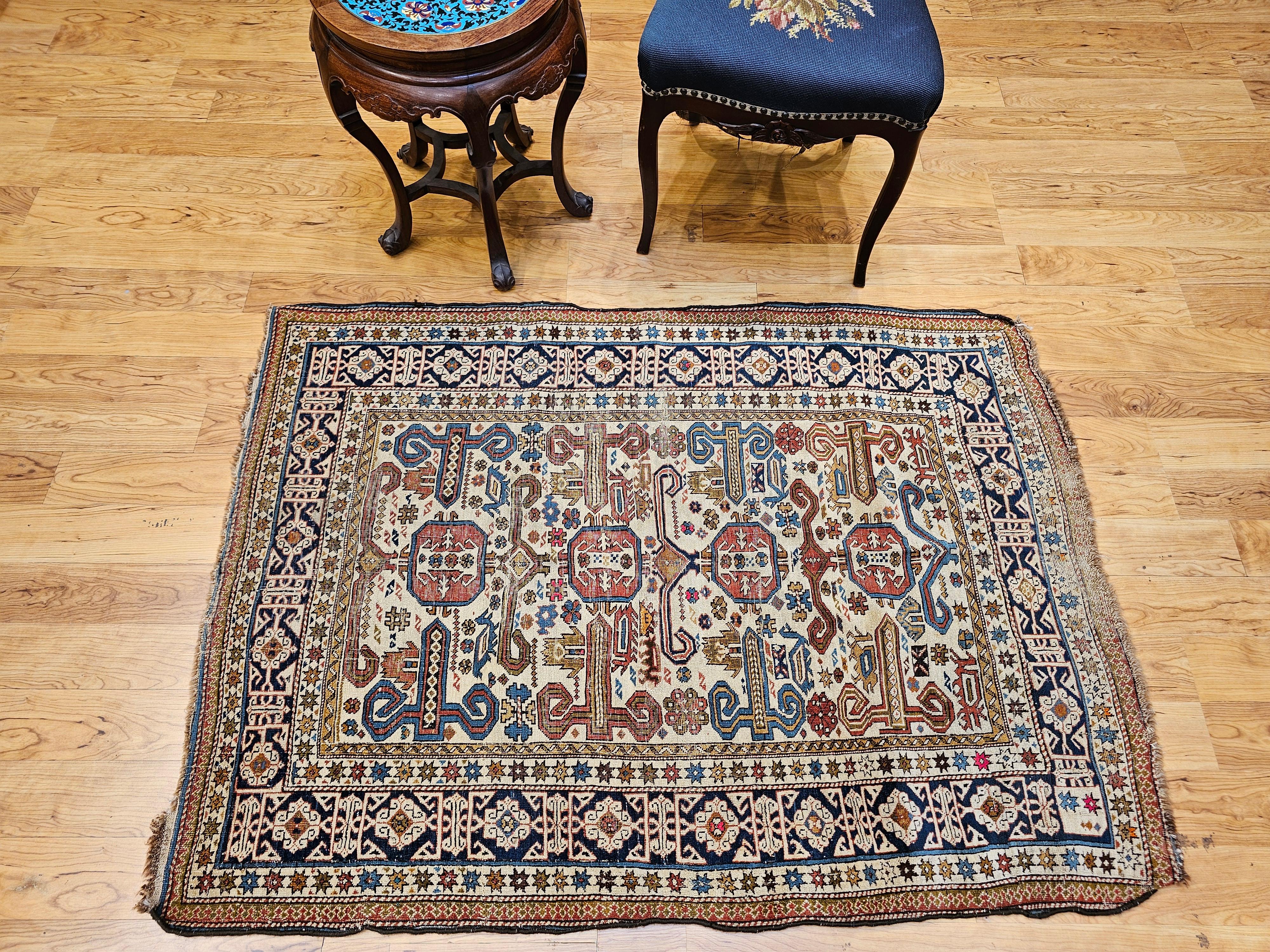 19th Century Caucasian Shirvan Perpedil Area Rug in Ivory, Navy, Brown For Sale 11