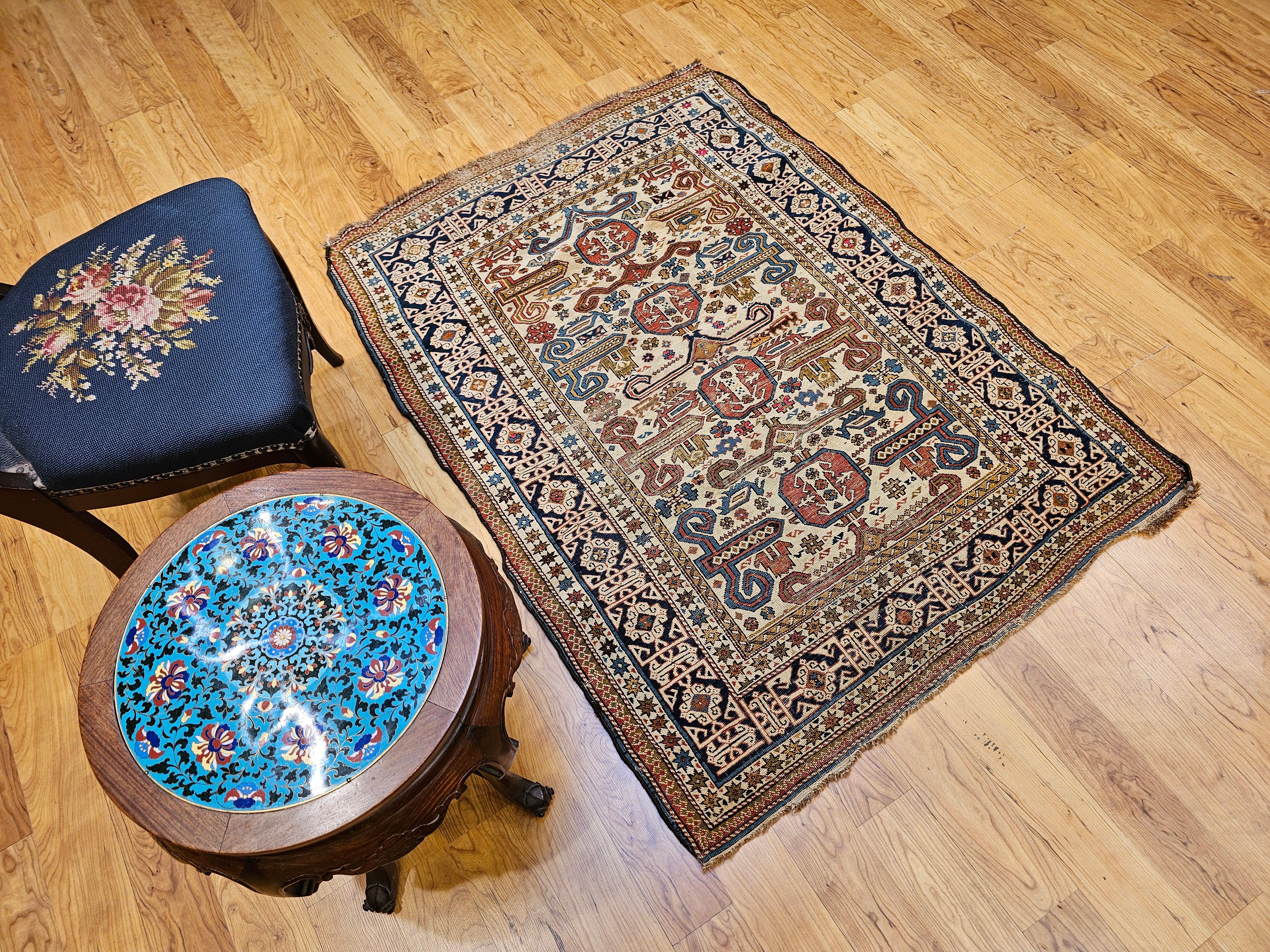 19th Century Caucasian Shirvan Perpedil Area Rug in Ivory, Navy, Brown For Sale 12
