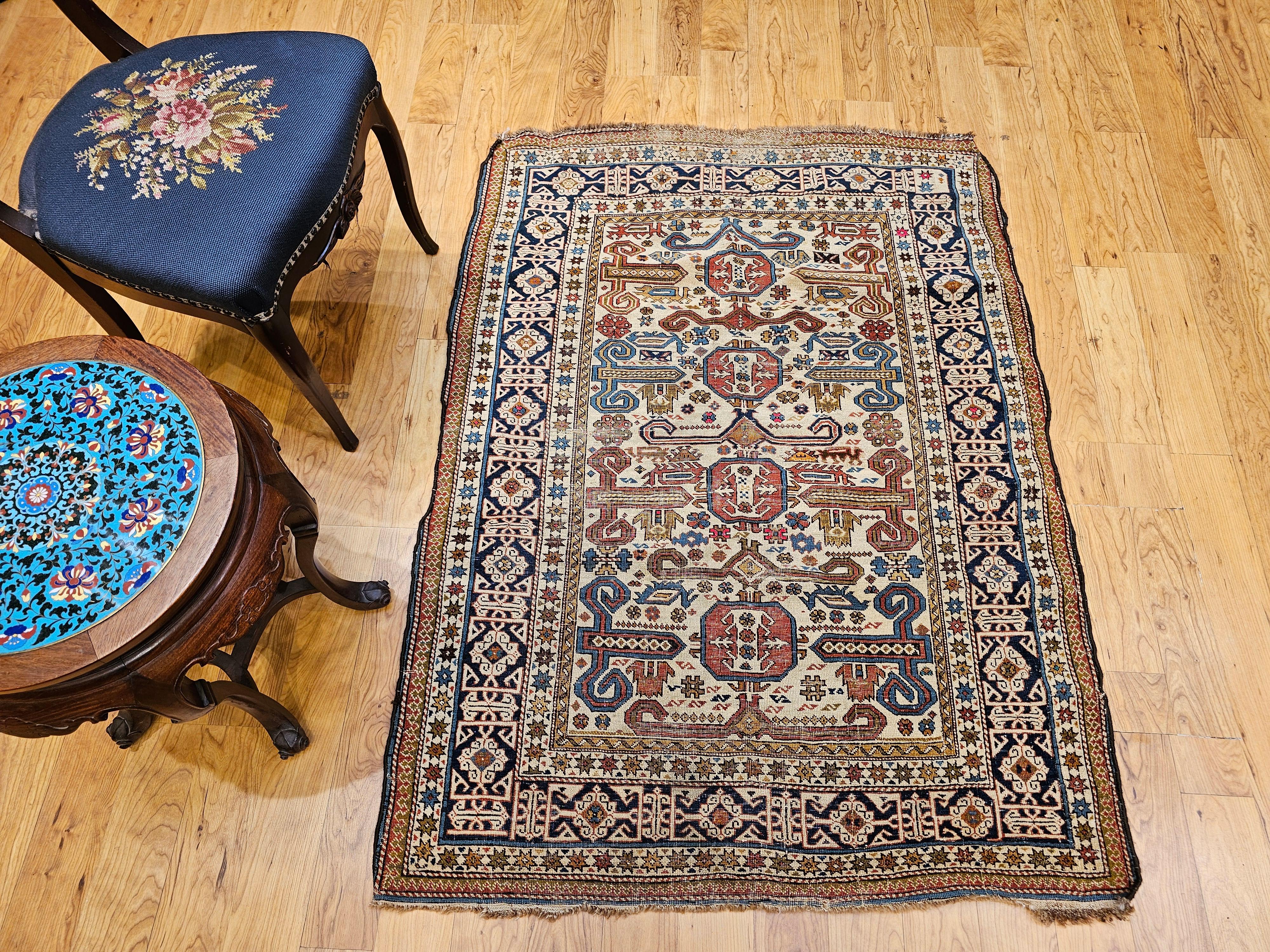 19th Century Caucasian Shirvan Perpedil Area Rug in Ivory, Navy, Brown For Sale 13