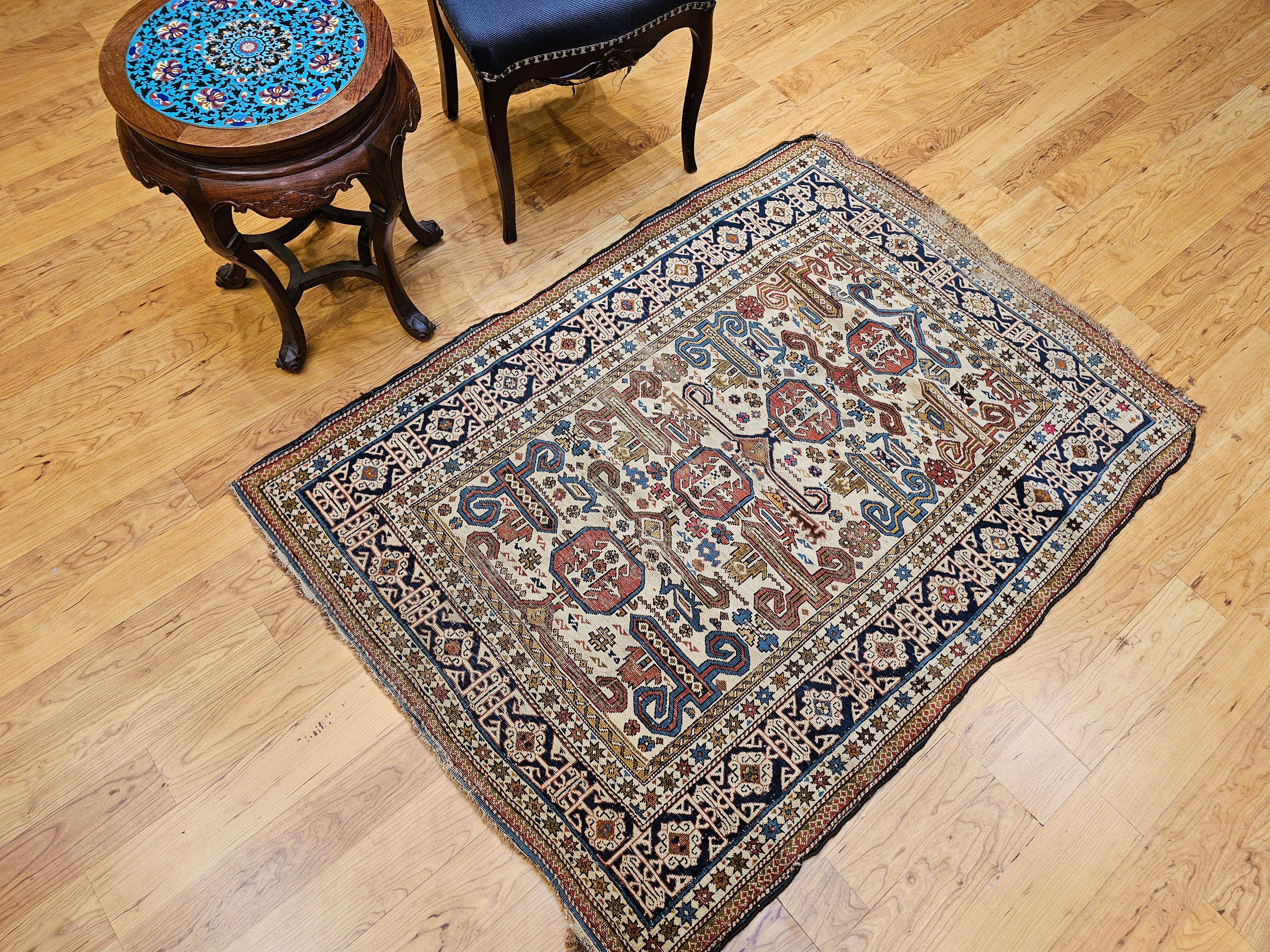 19th Century Caucasian Shirvan Perpedil Area Rug in Ivory, Navy, Brown For Sale 14