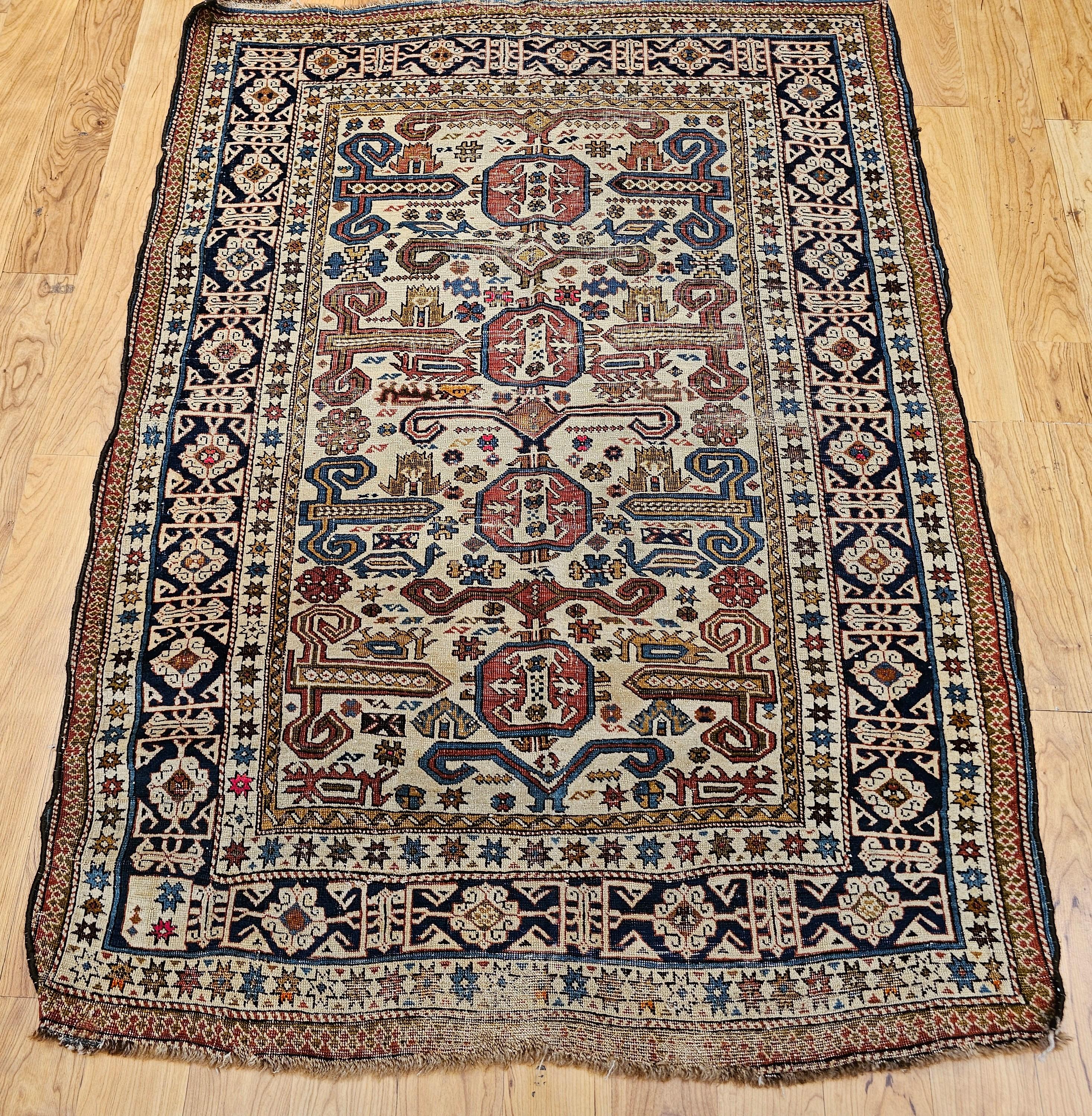 19th Century Caucasian Shirvan Perpedil Area Rug in Ivory, Navy, Brown For Sale 15