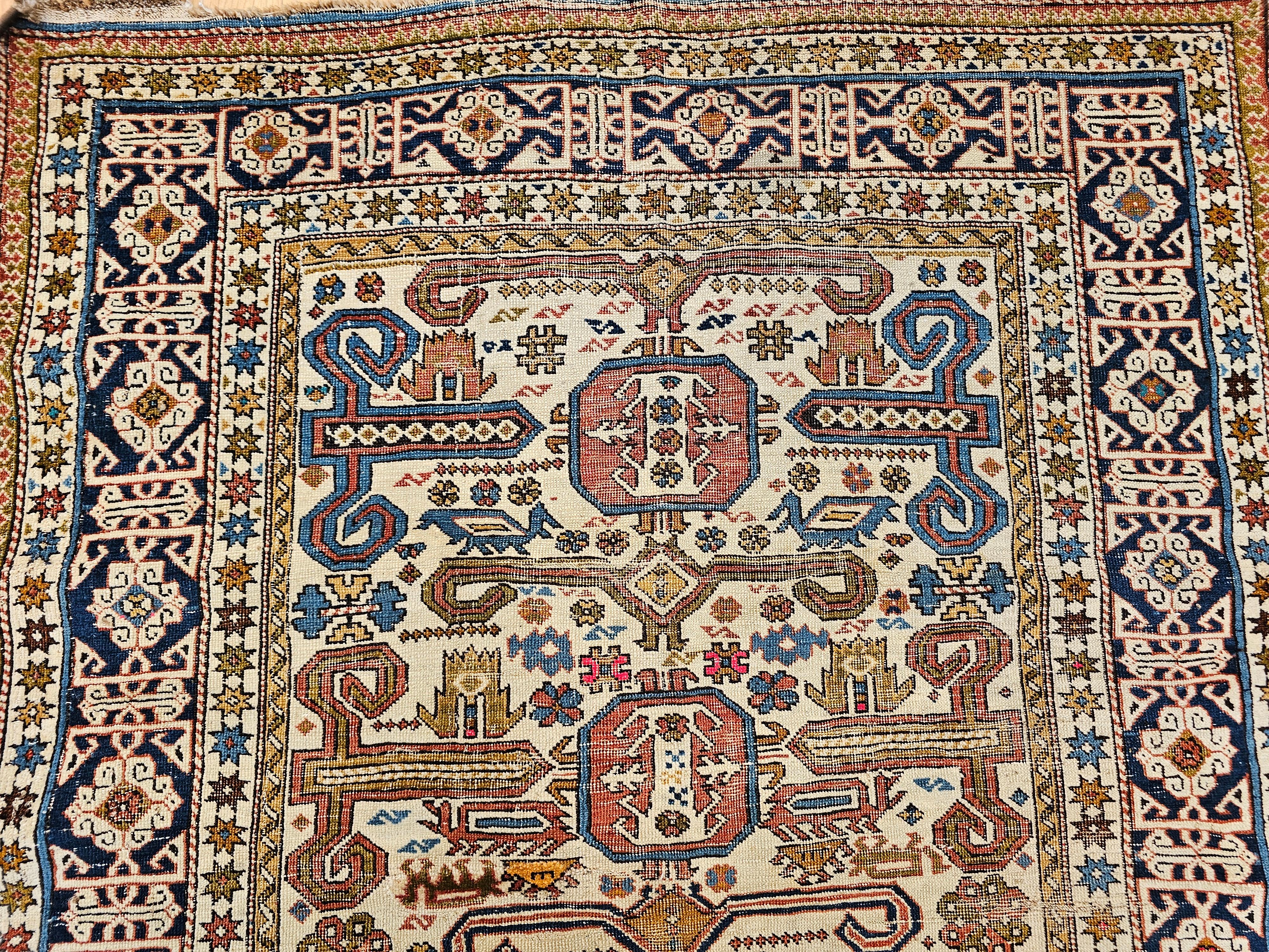 Vegetable Dyed 19th Century Caucasian Shirvan Perpedil Area Rug in Ivory, Navy, Brown For Sale