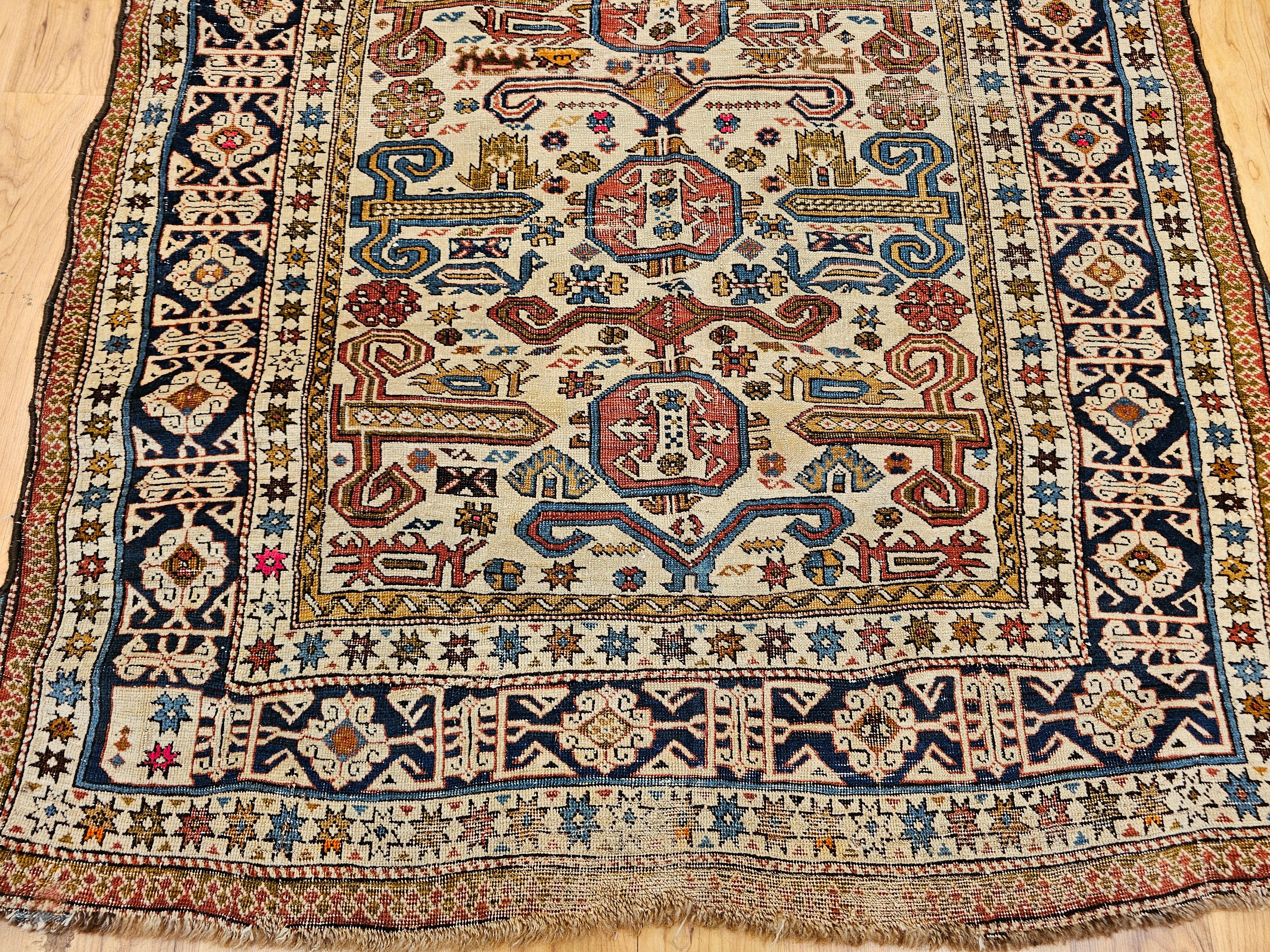 Wool 19th Century Caucasian Shirvan Perpedil Area Rug in Ivory, Navy, Brown For Sale