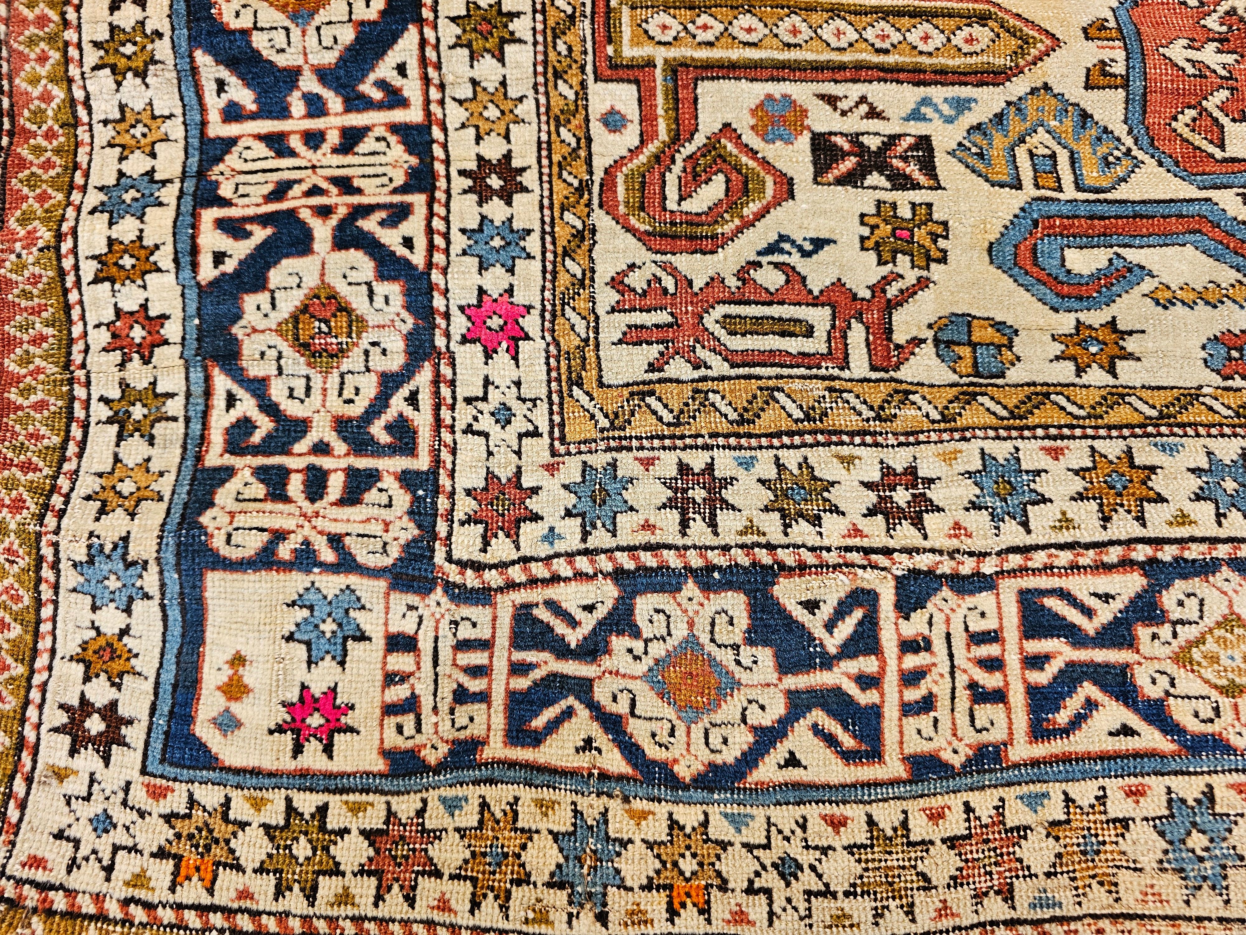 19th Century Caucasian Shirvan Perpedil Area Rug in Ivory, Navy, Brown For Sale 1
