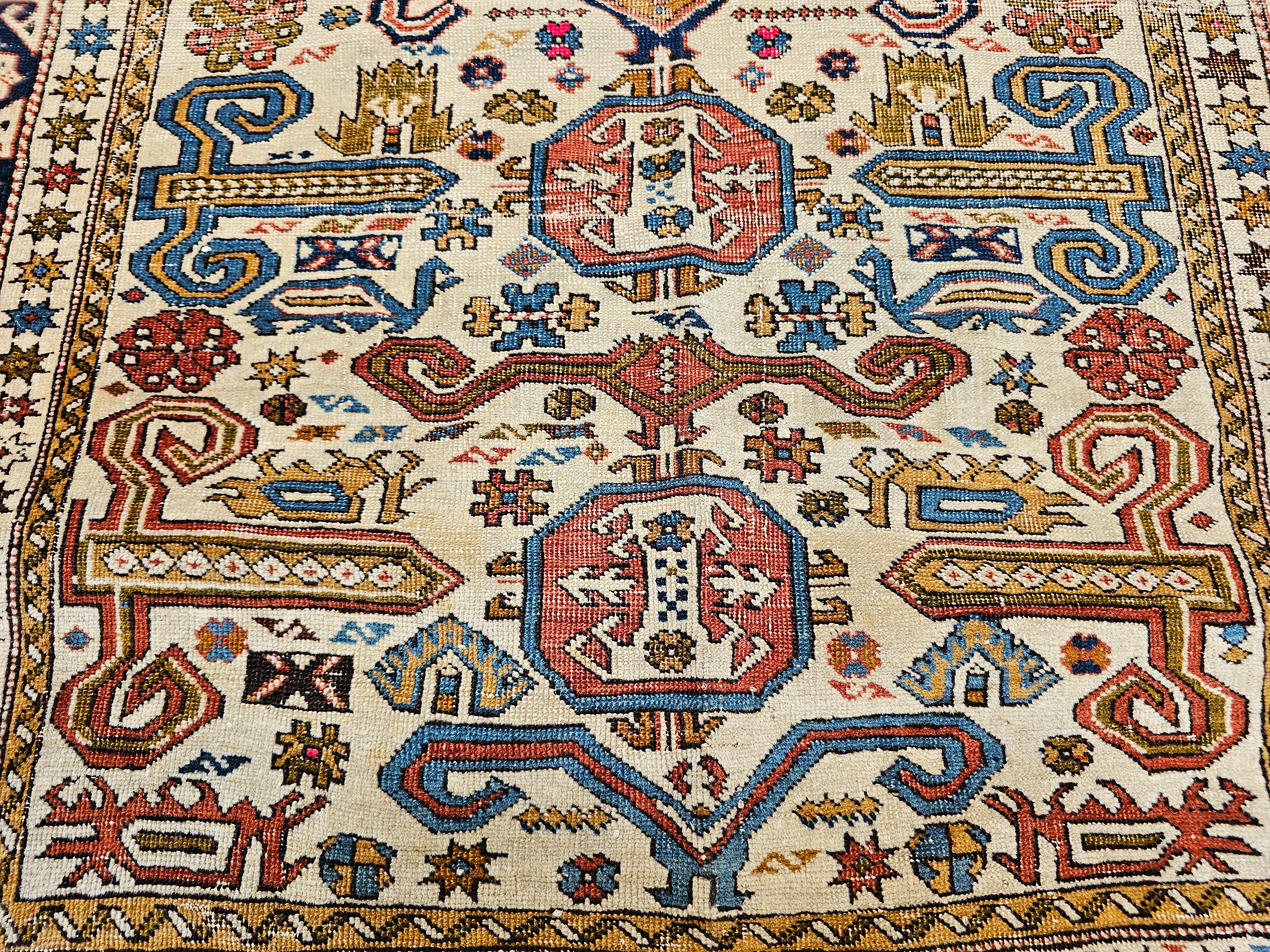 19th Century Caucasian Shirvan Perpedil Area Rug in Ivory, Navy, Brown For Sale 2