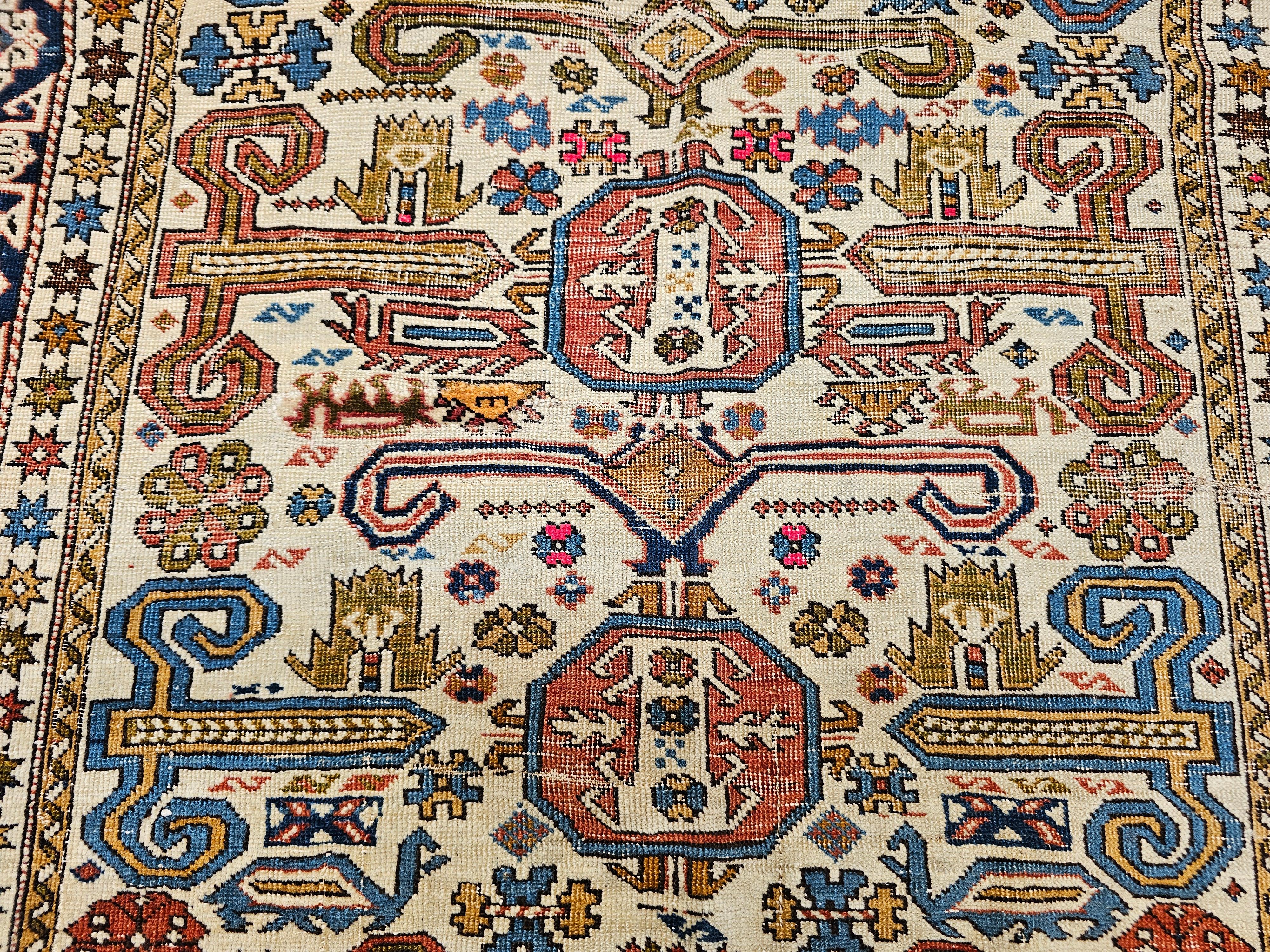 19th Century Caucasian Shirvan Perpedil Area Rug in Ivory, Navy, Brown For Sale 3