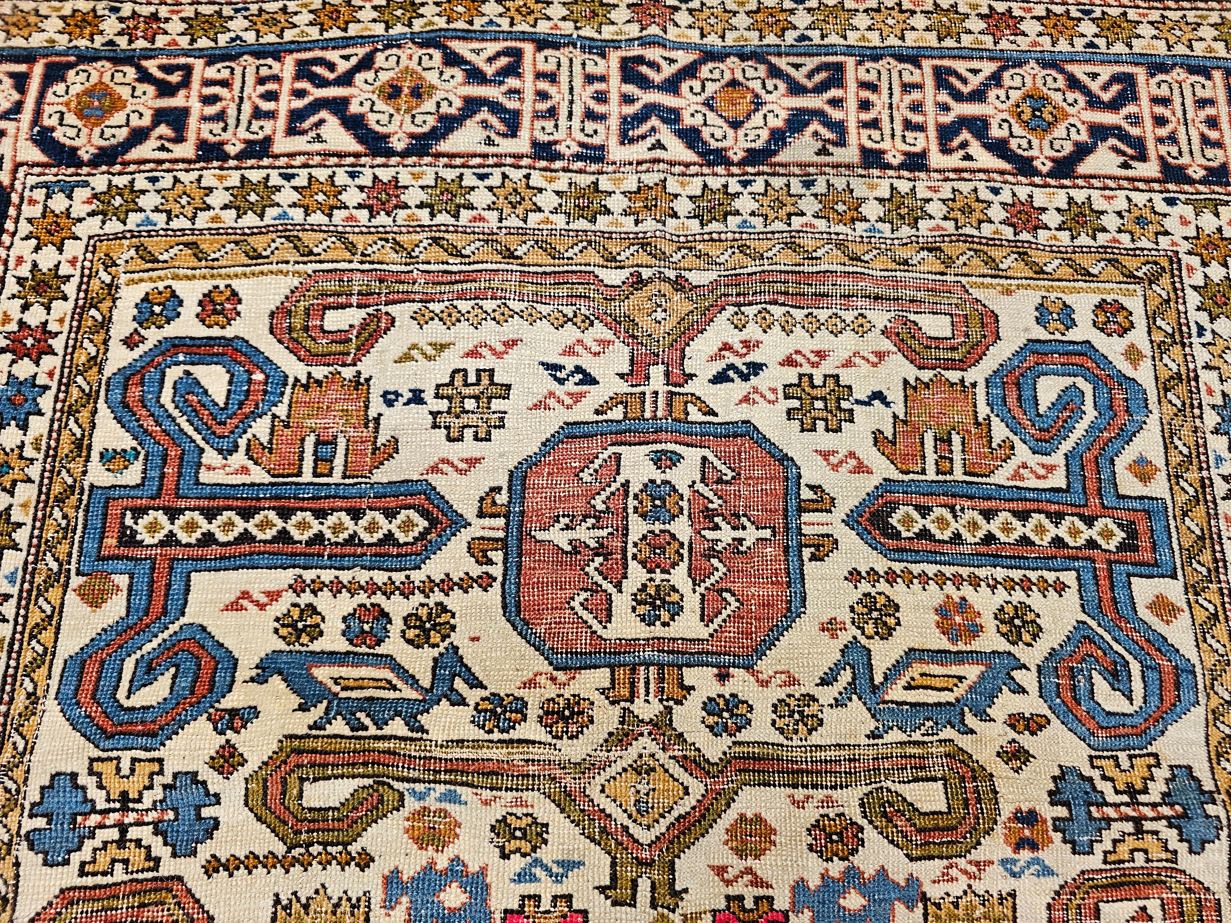 19th Century Caucasian Shirvan Perpedil Area Rug in Ivory, Navy, Brown For Sale 4