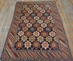 1880s Blue Red Ivory Antique Caucasian Shirvan Star Kuba Rug 4'x5'6" Wool Carpet