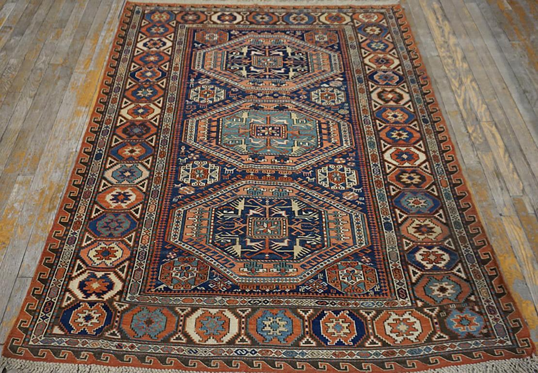 Hand-Knotted 19th Century Caucasian Sumak Carpet ( 4'6
