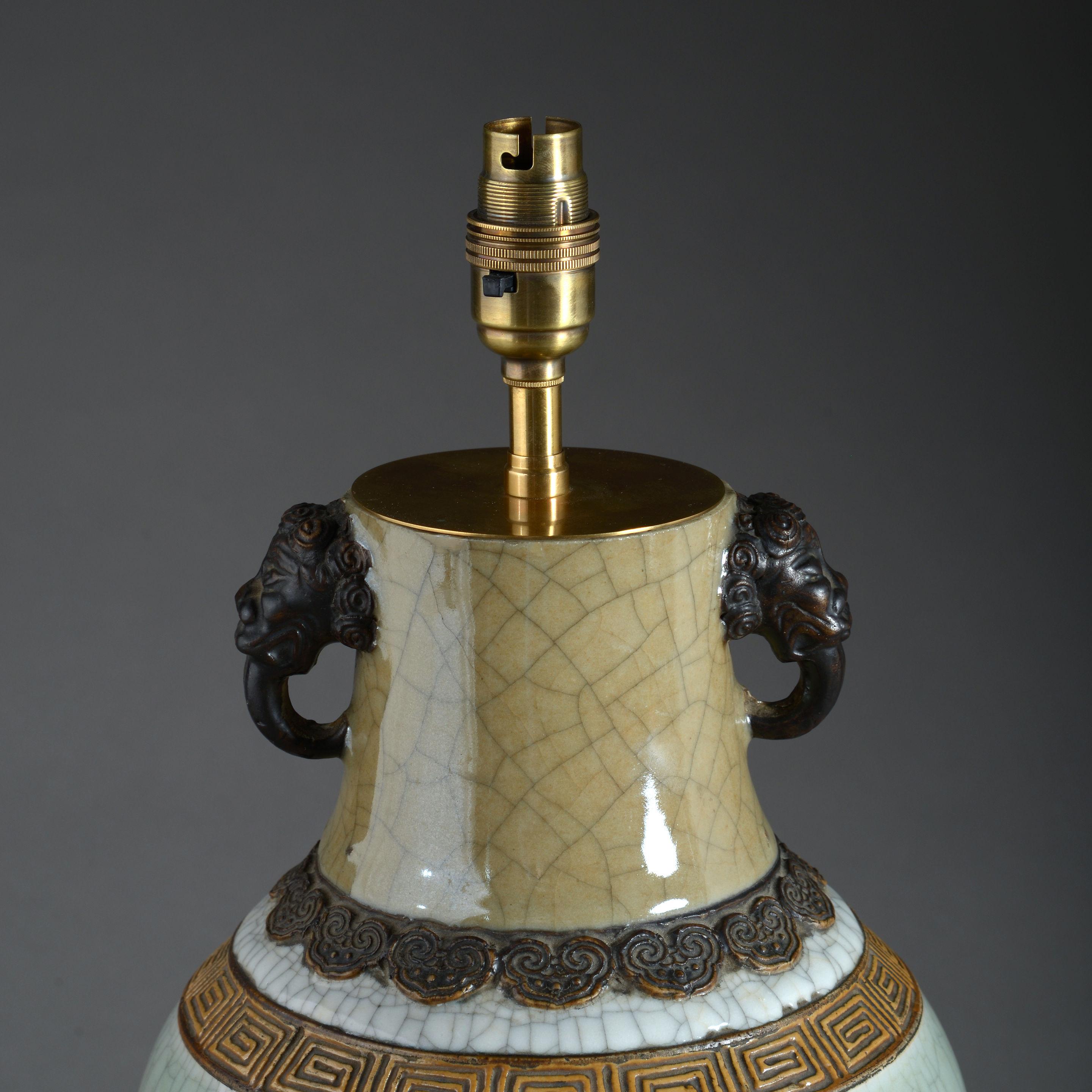 Chinese 19th Century Celadon Crackle Glaze Vase as a Table Lamp